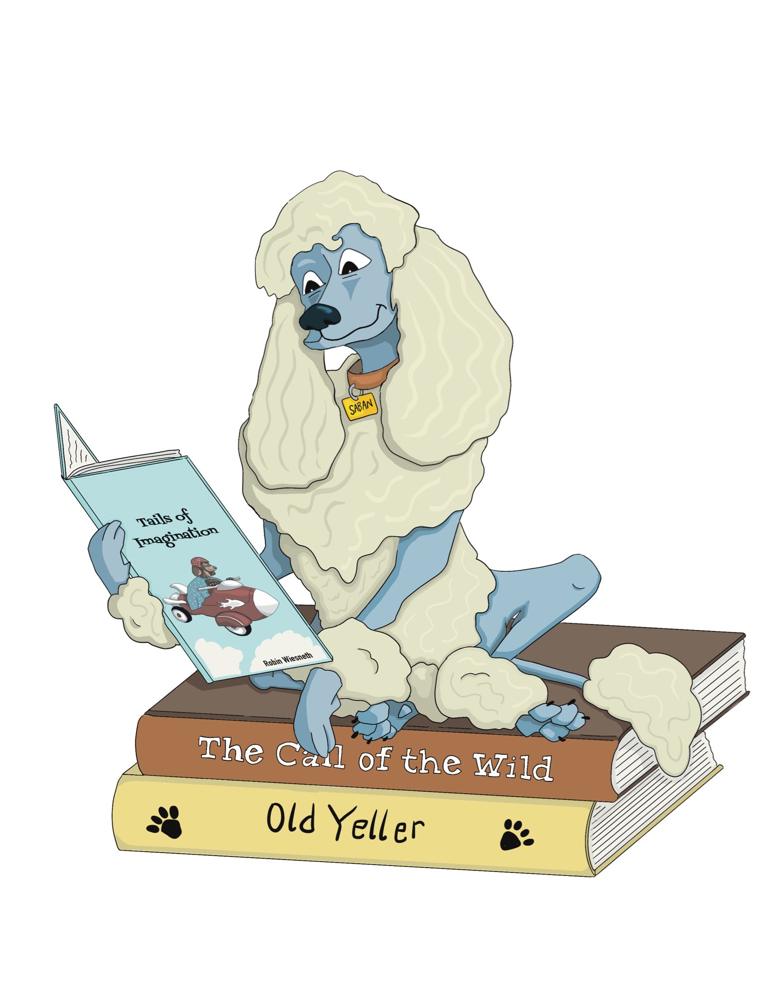 Cartoon Poodle reading a book while sitting on a stack of books.