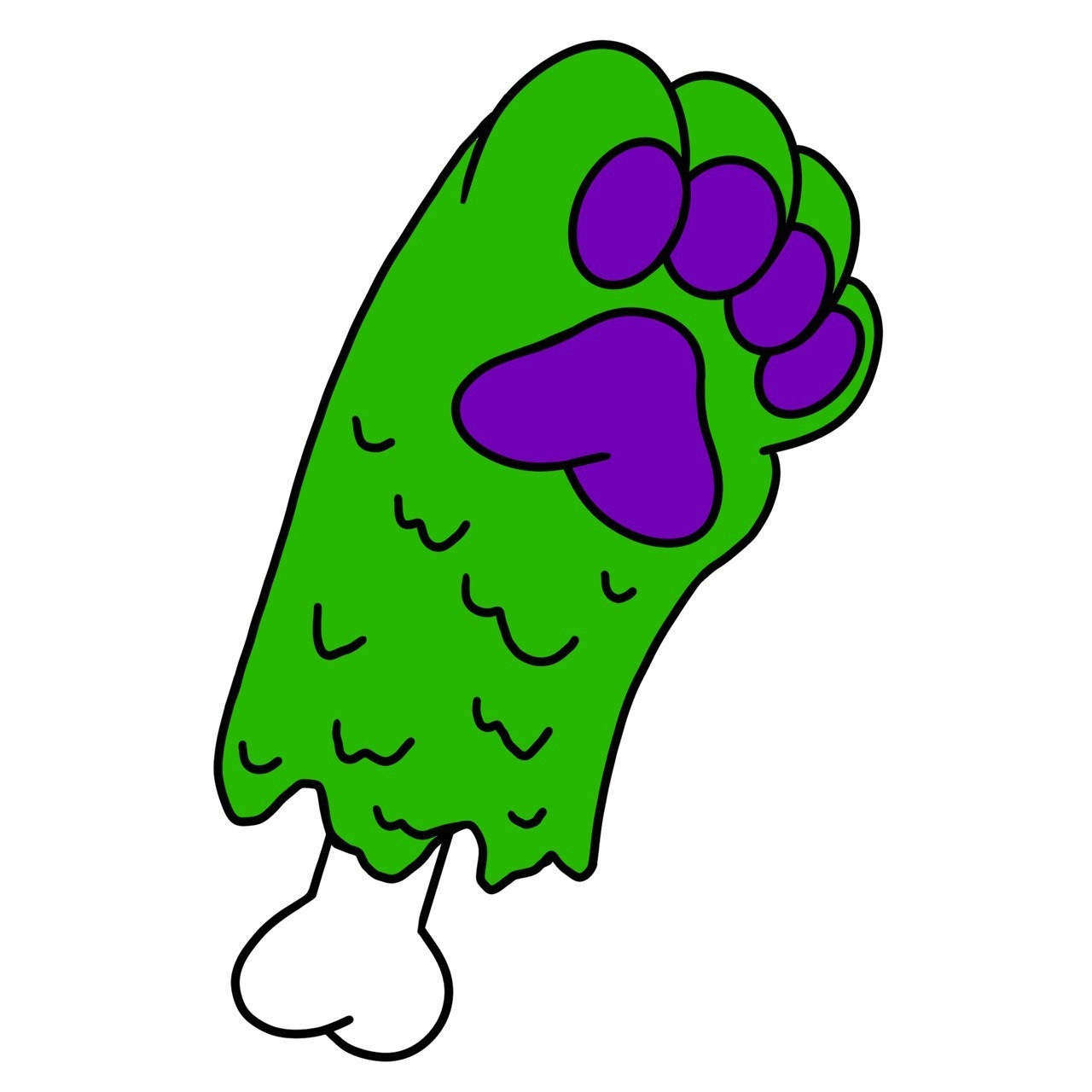 Tattoo design of a cat paw with a bone sticking out the bottom. It looks like it's dripping. It is colored lime green with bright purple beans.