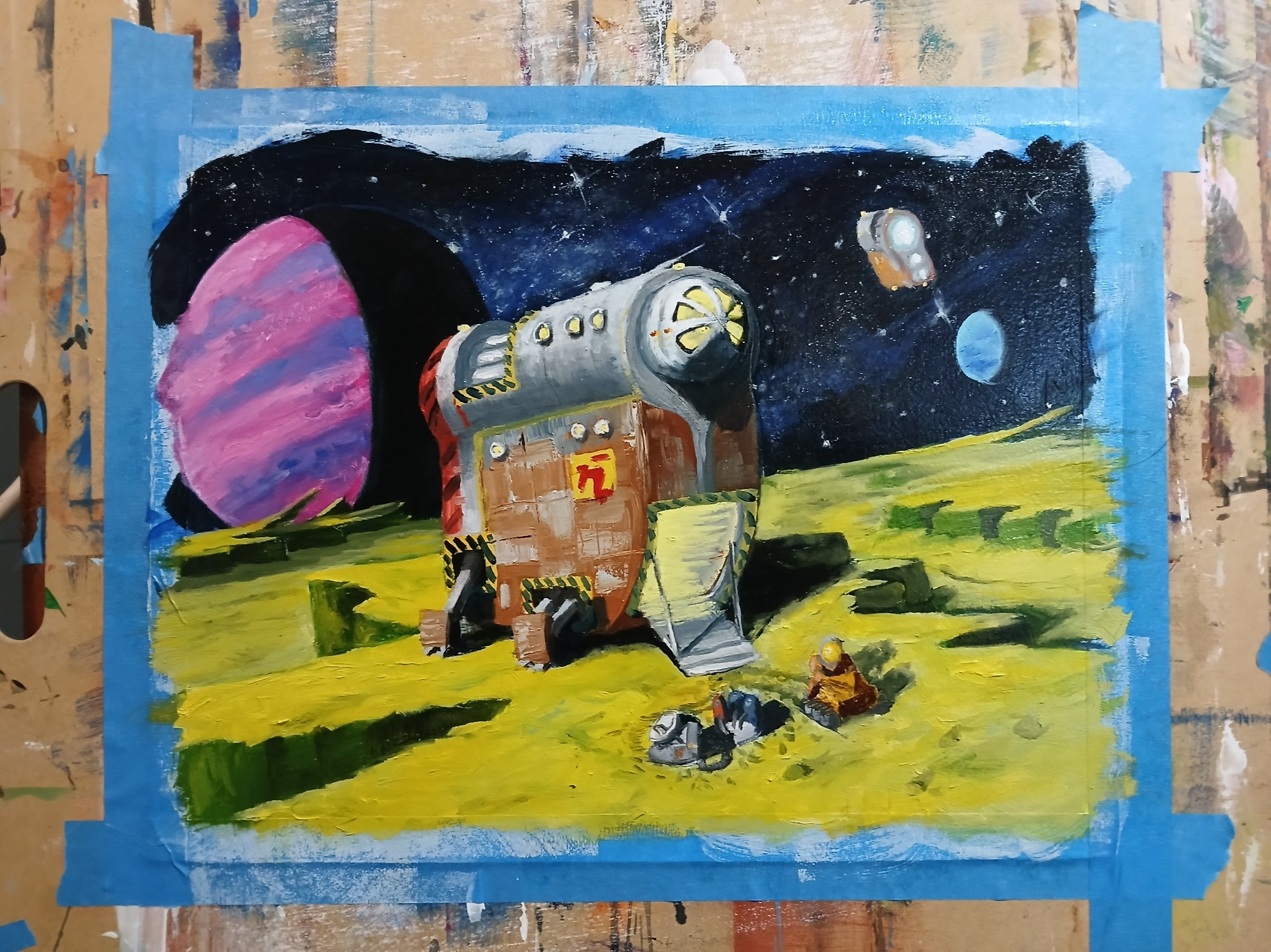 The Hiyabusa-Caterpiller MEV-470 (a small space exploration vehicle) sits on a yellow-green orbital body while the operator unloads survey equipment. A purple planet is on the horizon