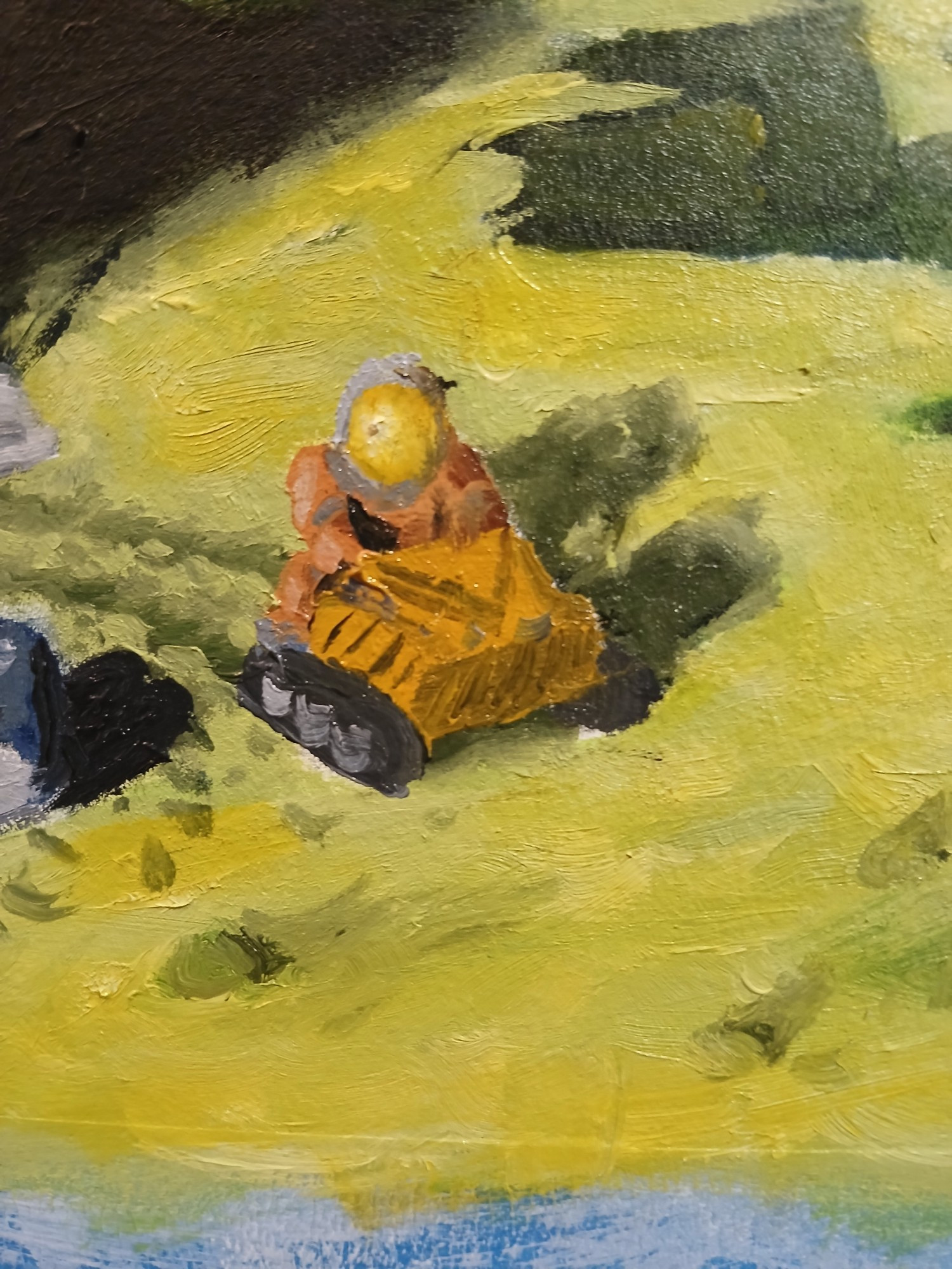 A close up shot of a painting, blurrily depicting an astronaut in an orange space suit pushing a tracked work vehicle on a yellow green planet