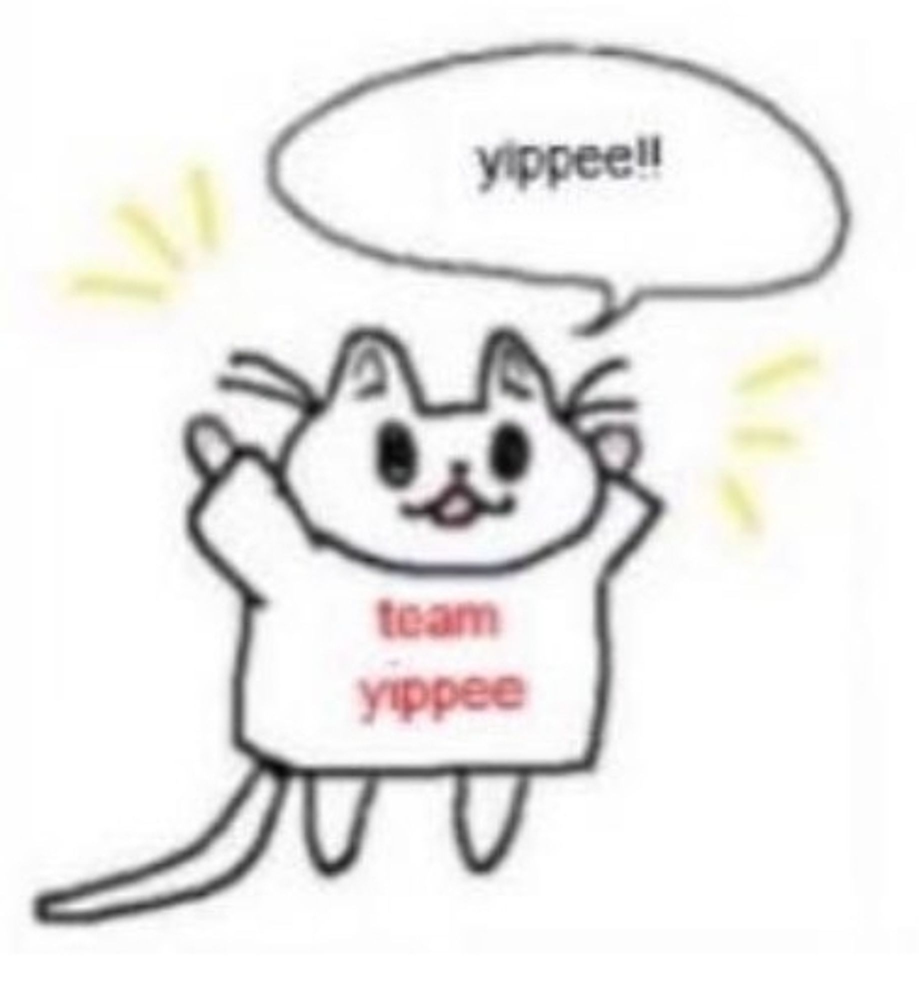 A cartoon cat wearing an oversized t-shirt with the words "team yippee!" On it. They are holding their hands in the air and exclaiming "yippee!" As well