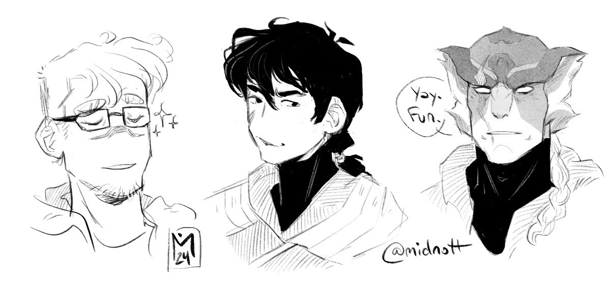 Sketches of Shiro with glasses, grown up Keith and Kolivan having fun.