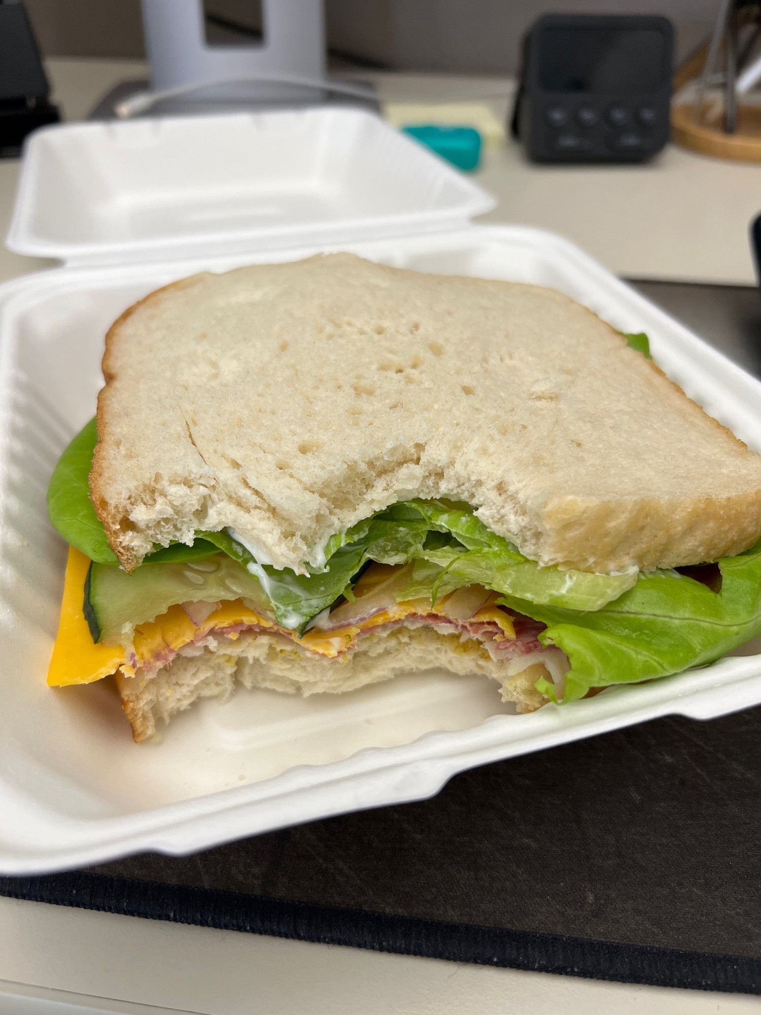 Turkey and salami sandwich with cheddar, cucumber, onion, and lettuce.