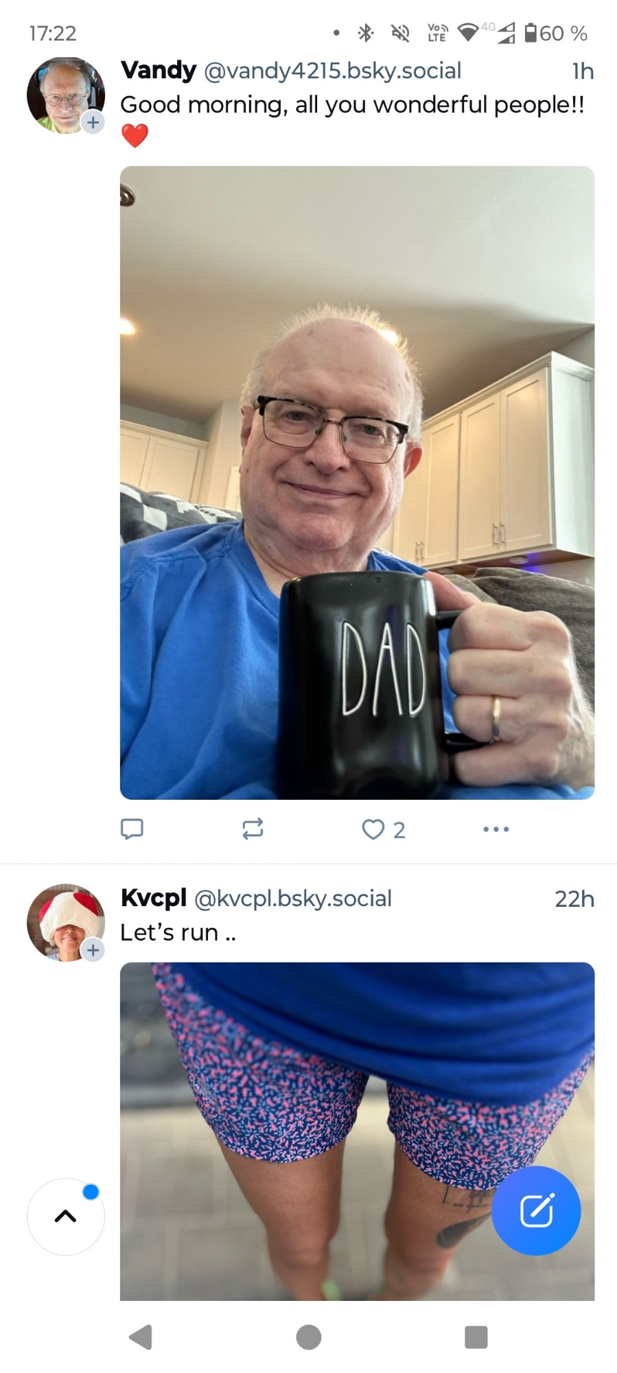 Screenshot with top picture of a man having coffee, bottom of a girl going for a run