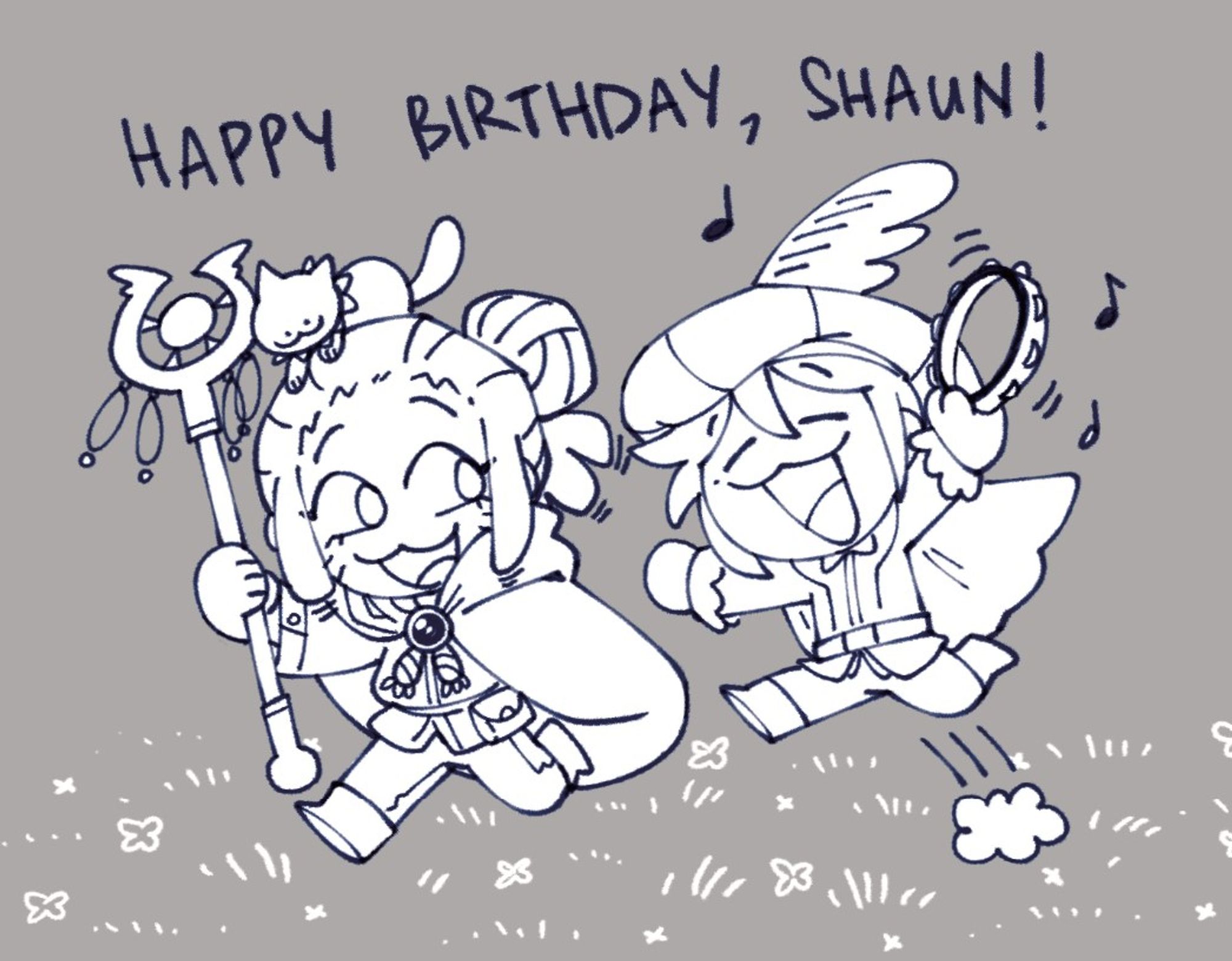 DnD Shaun as a necromancer while my self-insert, Potato, sings happy birthday to him as a bard.