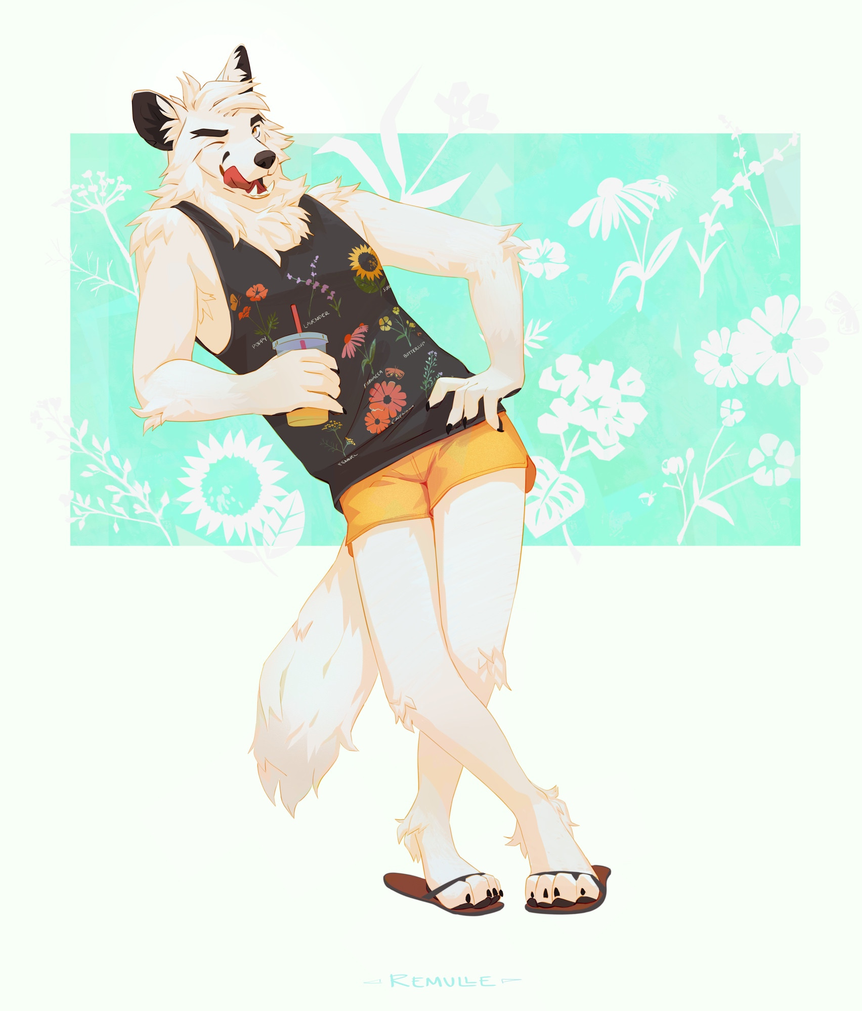 An anthropomorphic arctic fox character, Sennec, poses with a friendly flirty expression in front of a floral background. 

He’s winking at the viewer and holding a fruity juice drink. 

He’s wearing a tank top with different flowers, warm yellow summer shorts, and sandals. 