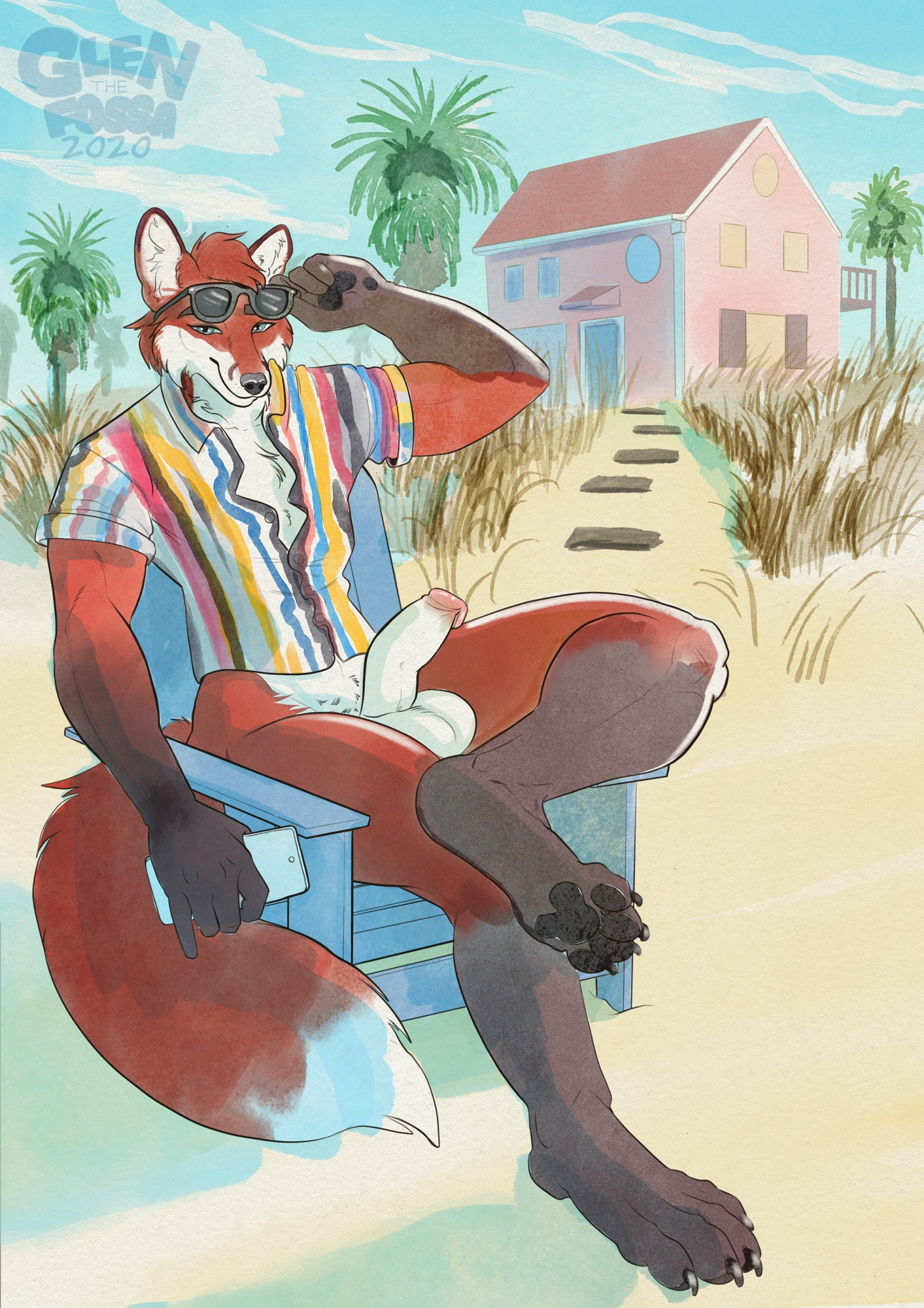 An anthro Fox character, Sennec, is enjoying lounging on a beach near his pink coastal home. He is lifting up his sunglasses to get a better look at the viewer, and holding his phone in one hand.  

He is wearing just a mostly-unbuttoned colorful striped collared shirt and no pants. His semi-erect dick is out and curved around his left thigh. 
