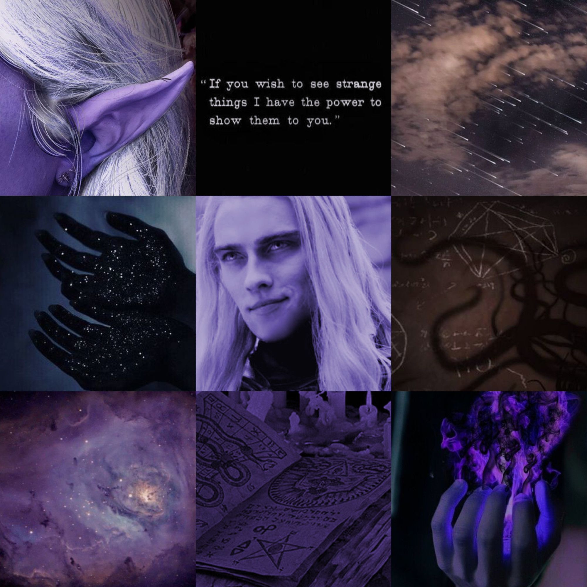 3x3 character moodboard depicting eldritch and space themed imagery in a purple color scheme