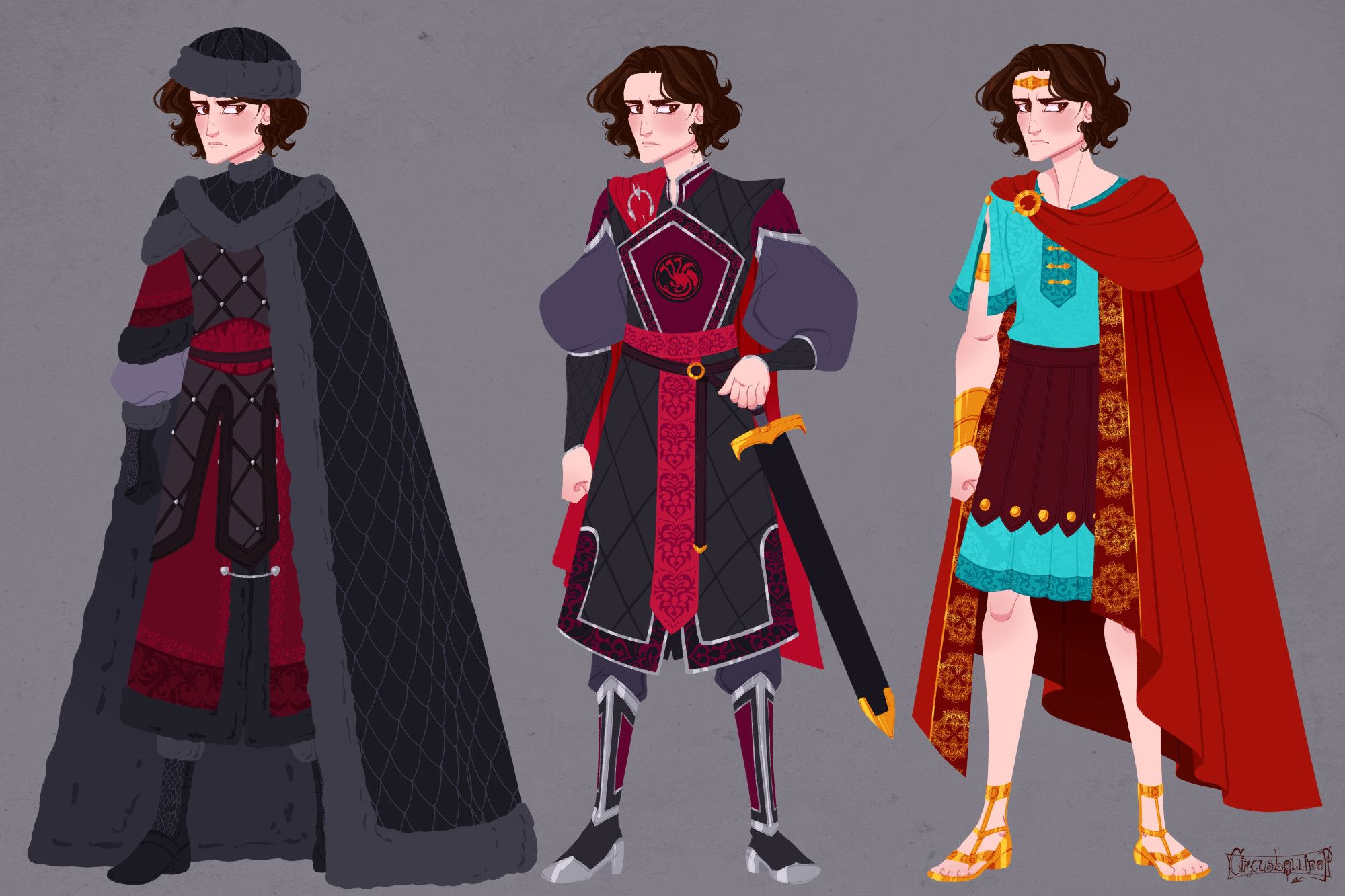 Lineup of Jacaerys Velaryon costumes, including leather armor over a red and black winter coat, a black and maroon dragonriding surcoat with a red shoulder cape, and a sea-blue tunic with gold sandals and a red cape.