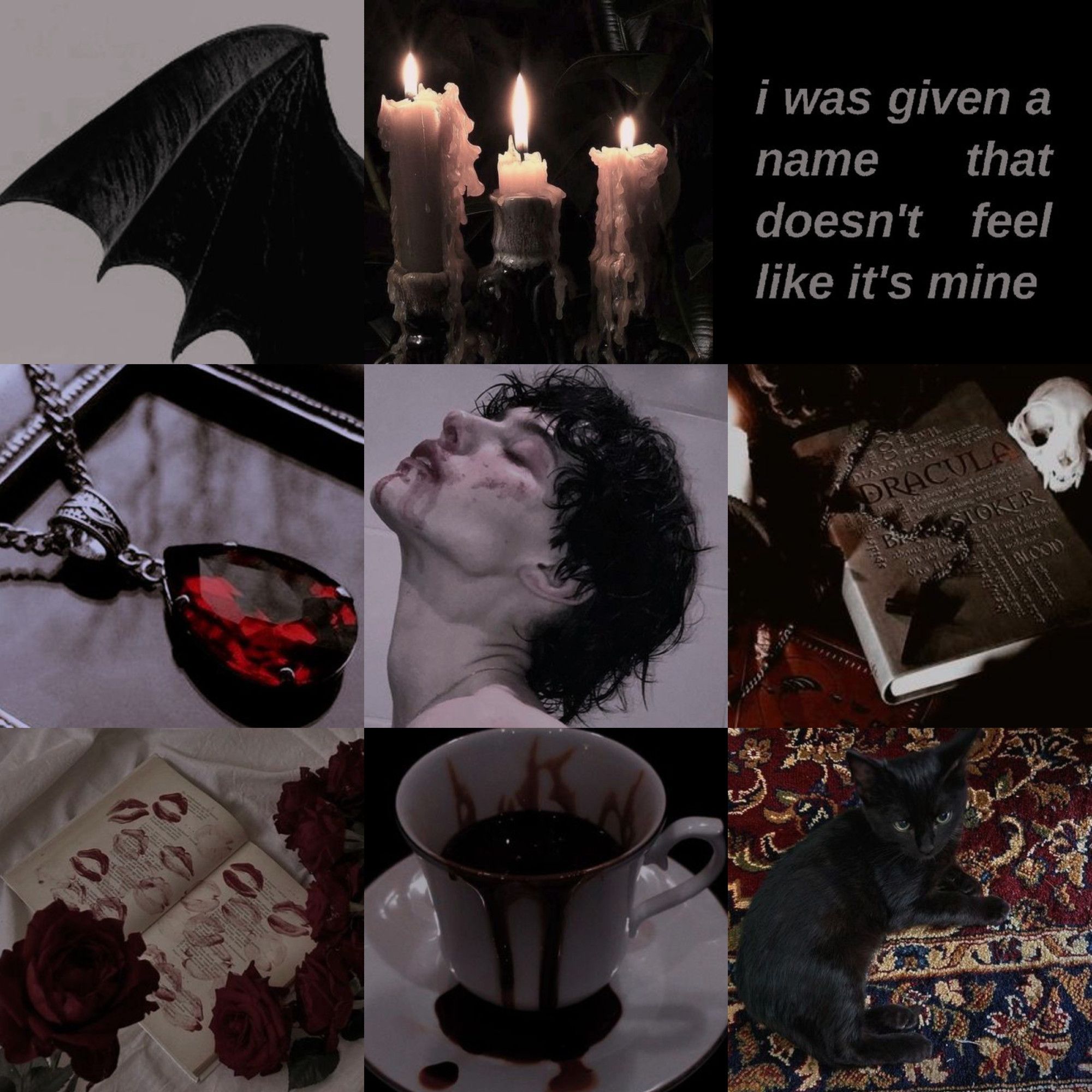 3x3 moodboard depicting gothic and vampiric themed images, including bat wings, books, red jewelry, candles, and a black cat