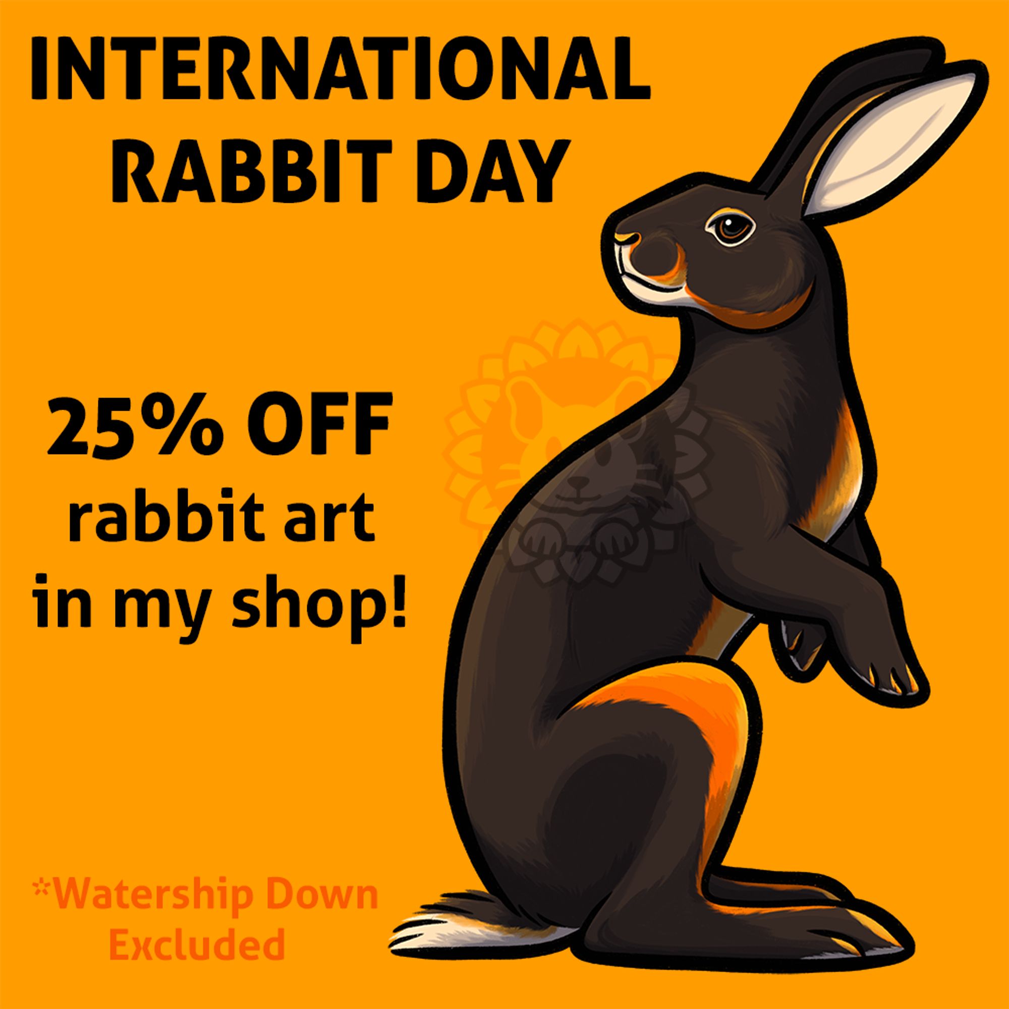 Image Text: International Rabbit Day, 25% off rabbit art in my shop (Watership Down excluded). Image: Artwork of a Belgian Hare standing on its hind legs.