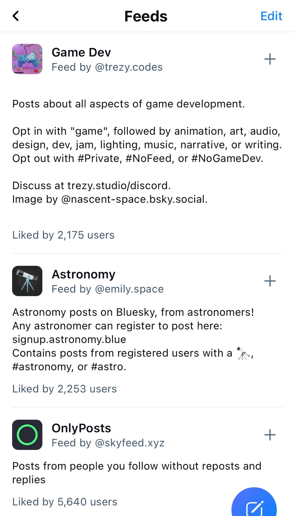 Images of some custom feeds — Game Dev, Astronomy, and OnlyPosts — built by different developers