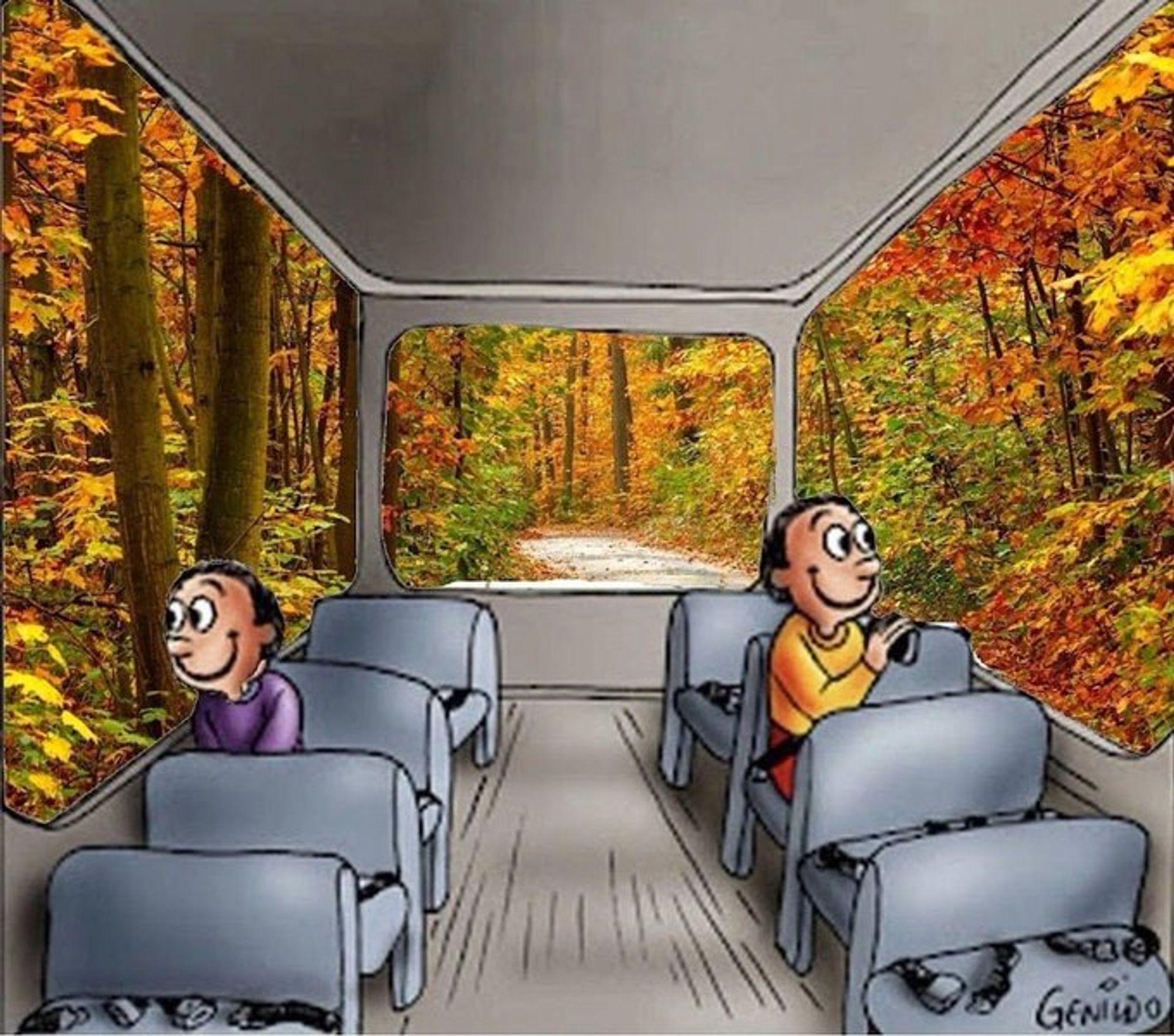 The meme of a sad guy and a happy guy on a bus looking out the window, but in this version both windows are showing beautiful autumn scenery and both guys are smiling