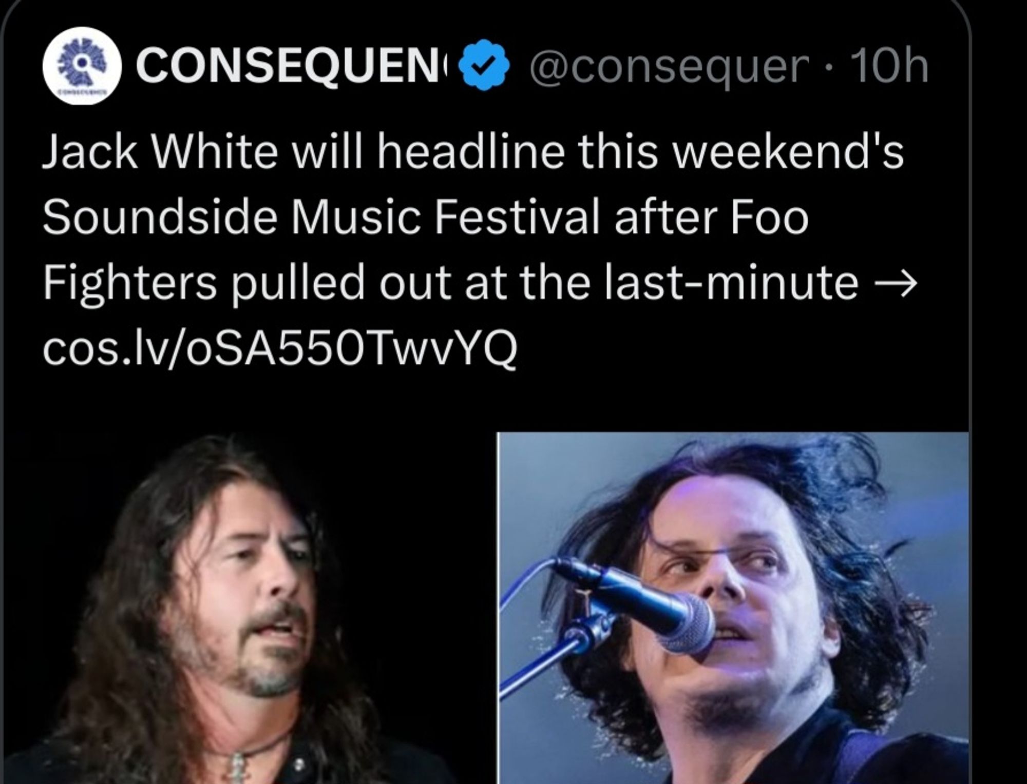 Headline saying that Dave Grohl woukd not be attending an upcoming music festival because he "pulled out at the last minute"