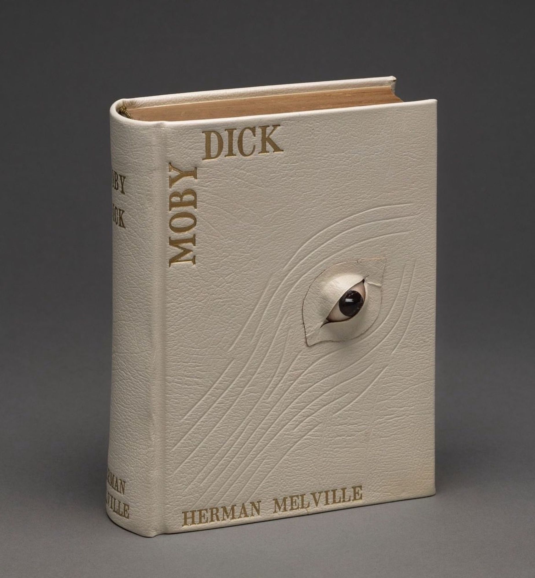 A cover for Moby Dick, made from beige leather with whale skin markings carved in and 1 3-D eye