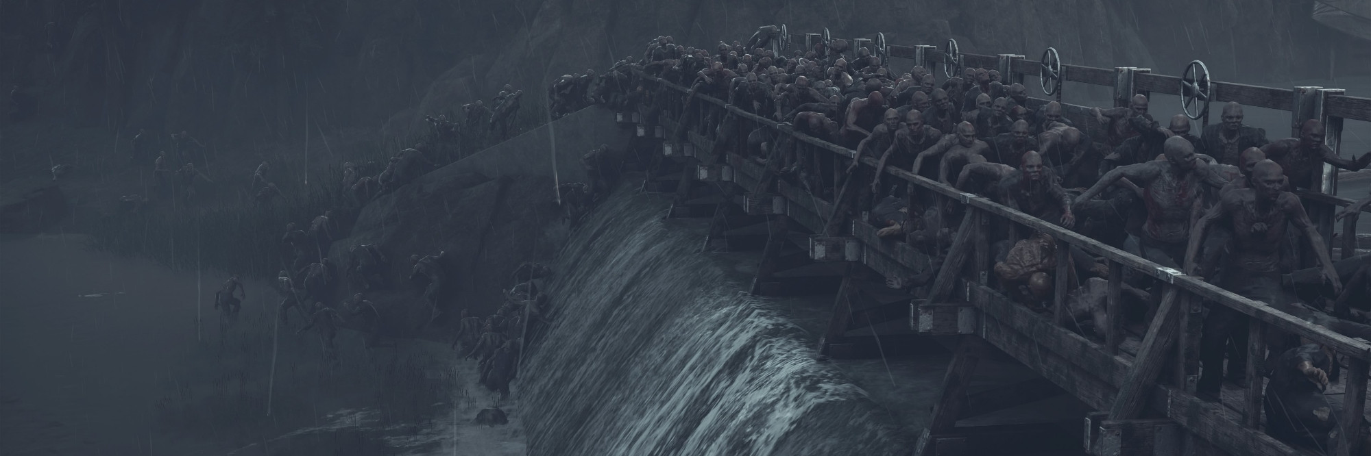 A massive number of zombie like creatures charging across an old bridge with a small waterfall underneath. 