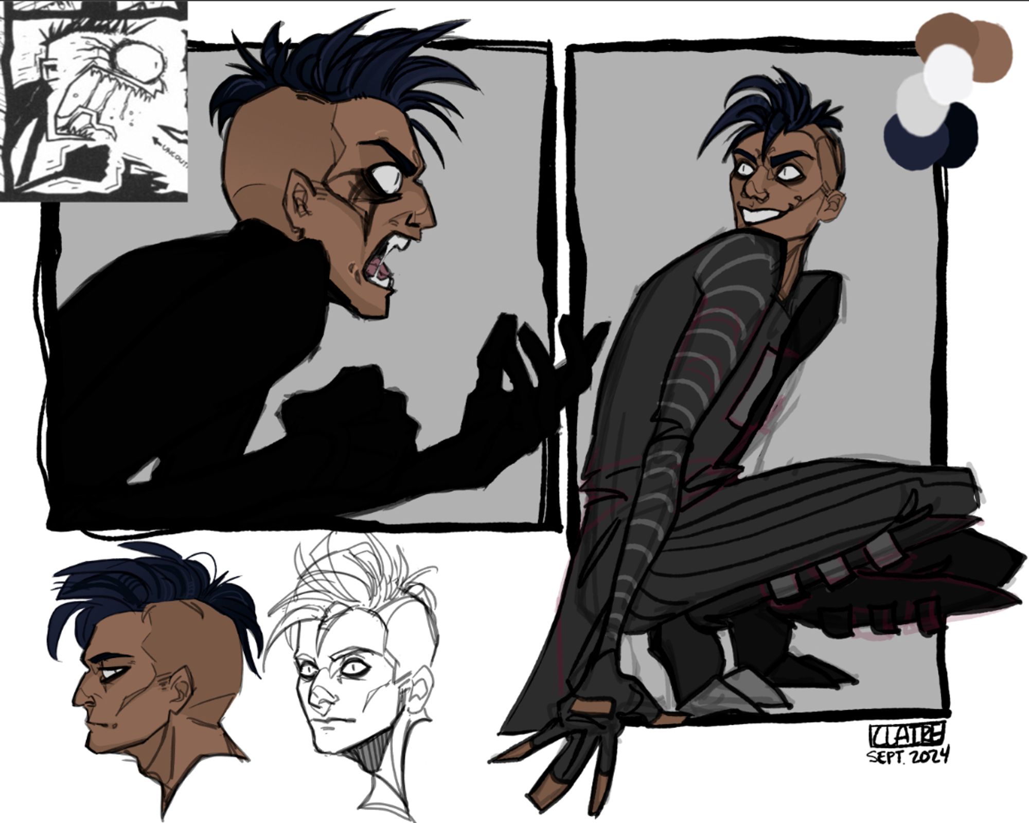 Four digital sketches of nny from the comic johnny the homicidal maniac. Top left is a colored comic panel redraw of the character facing right and yelling. Bottom left is a profile facing left, and a non-colored 3/4th facing sketch. On the right is a colored sketch of nny crouching and looking over his shoulder with a manic grin.