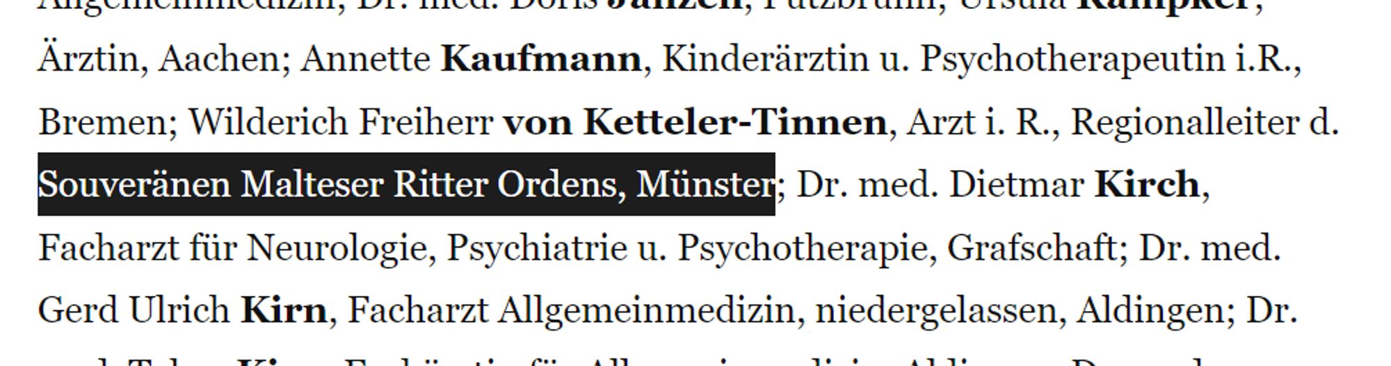 Ausschnitt einer Unterschriftenliste, 31. Januar 2021: "Wilderich Freiherr von Ketteler-Tinnen, Arzt i.R., Regionalleiter d. Souveränen Malteser Ritter Ordens, Münster"