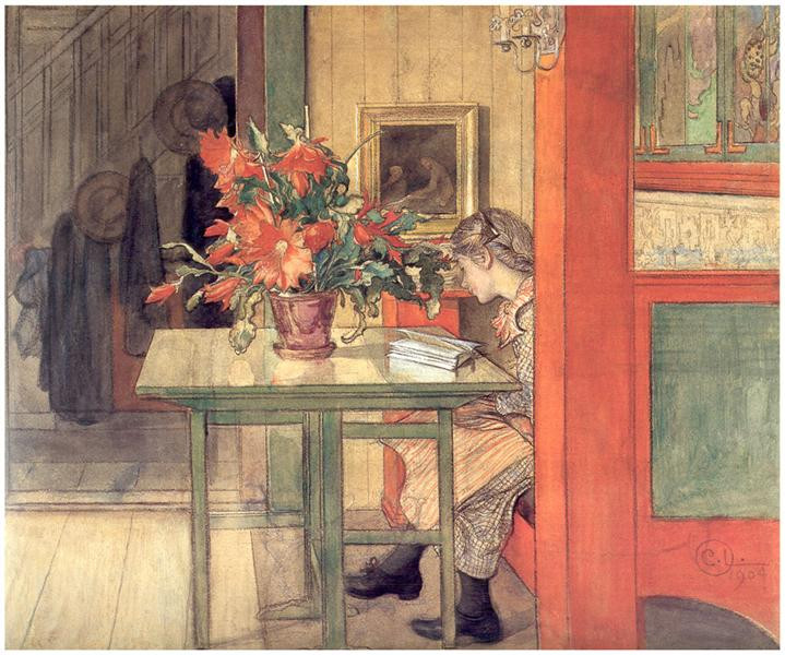 The image above is "Lisbeth Reading" by the Swedish Arts & Crafts painter Carl Larsson (1853-1919), depicting one of the artist's daughters reading a book. 