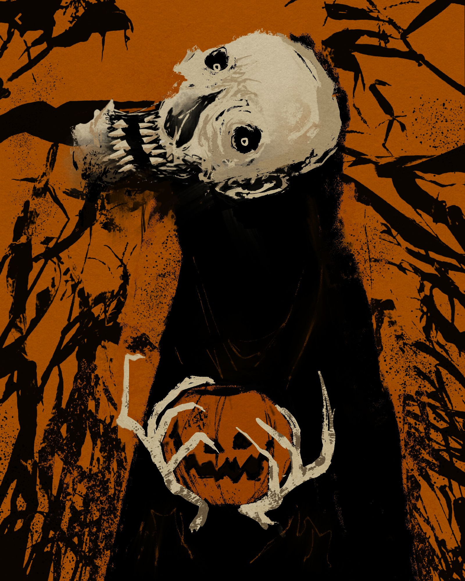 A long tendril of a figure, not quite human. His face twisted sideways with smeared features, holding a carved jack o' lantern.