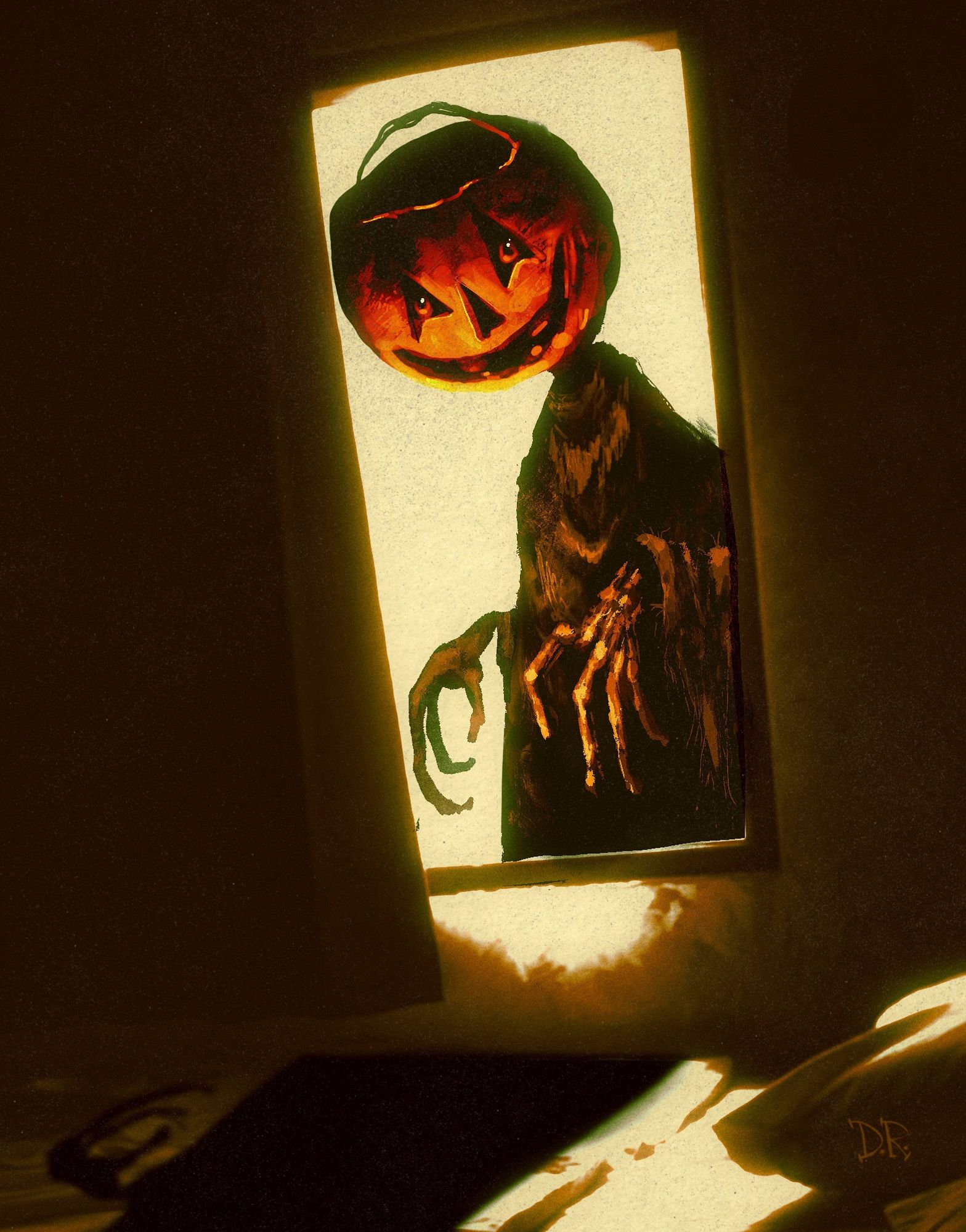 A figure in tattered clothing with a Jack O Lantern bucket for a head stalks past a bedroom window.