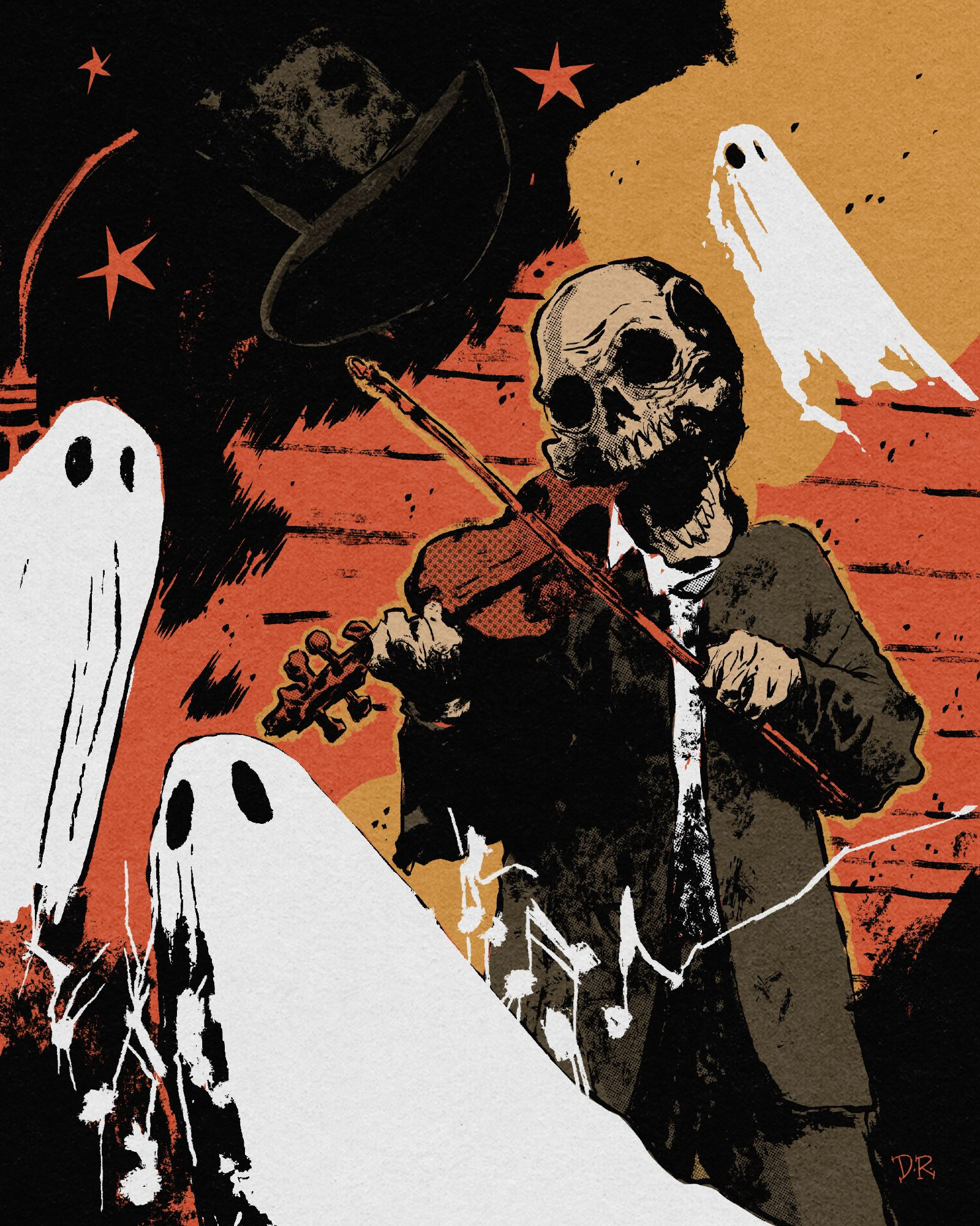 A skeleton man playing the violin to an audience of ghosts.