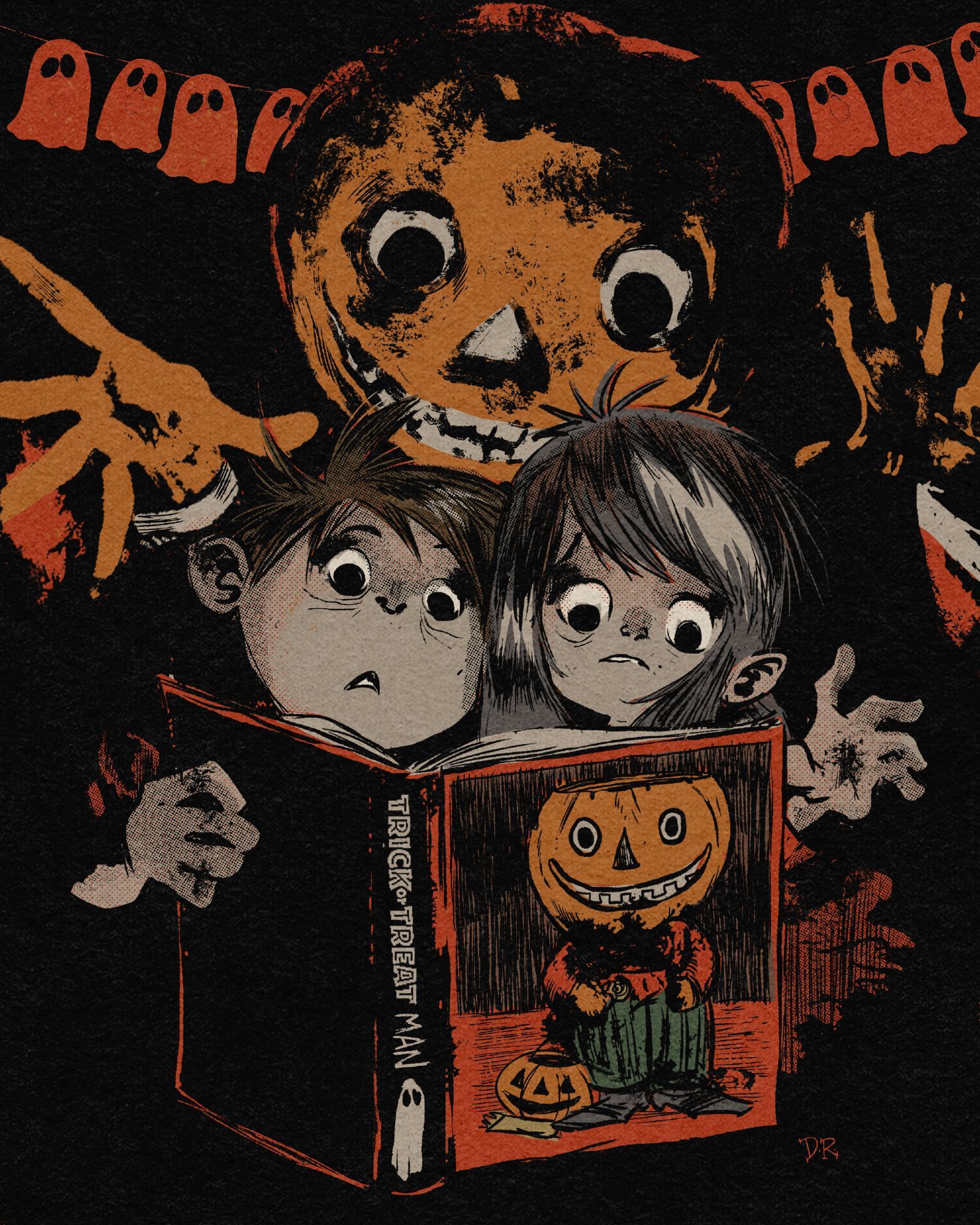 Two children reading their new book "The Trick or Treat Man", as the title character manifests behind them. Spooky.