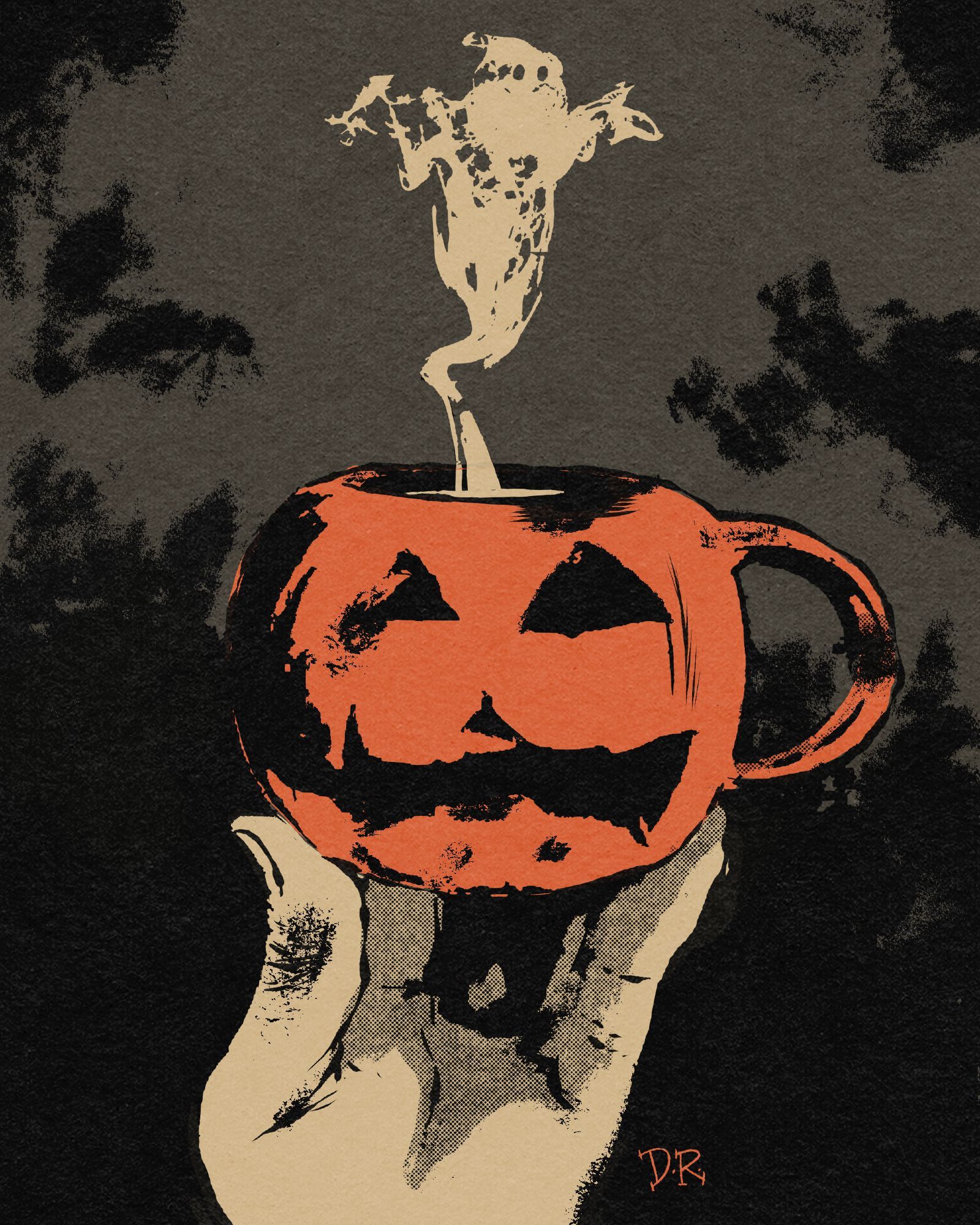 A jack-o-lantern mug with a rotten face. A steamy ghost floats out of the opening.