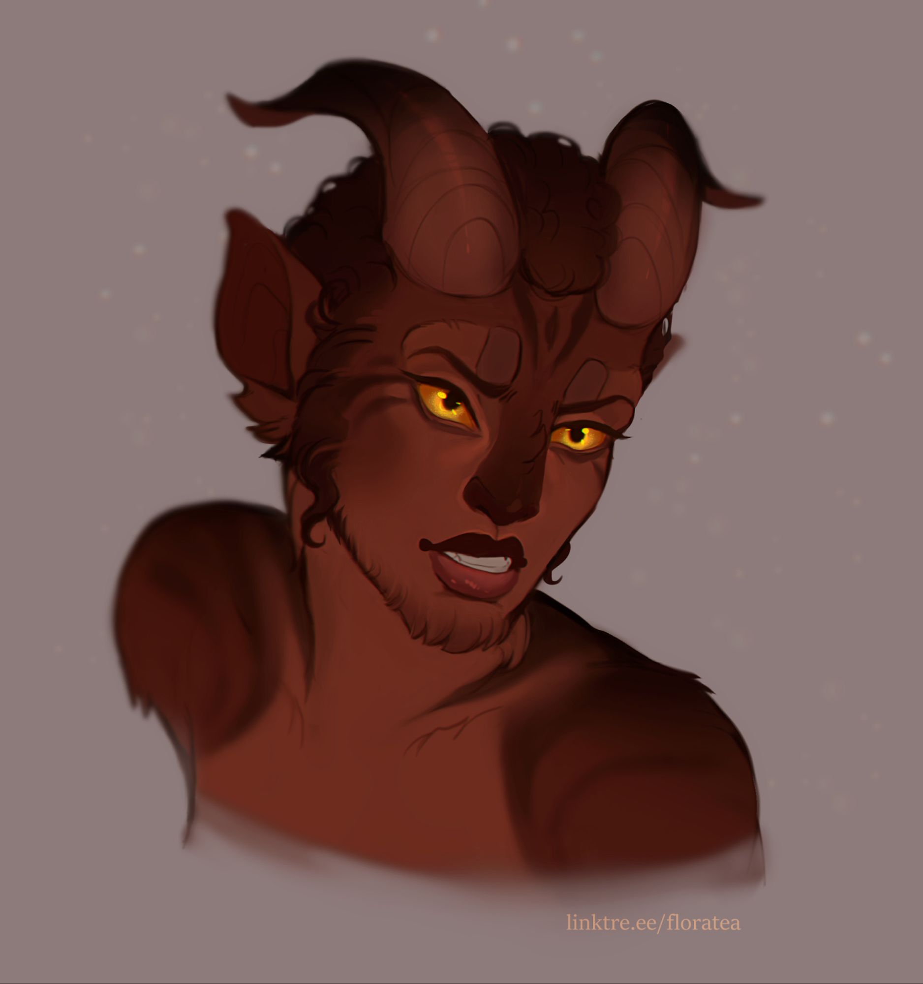 A colored bust drawing of a furry humanoid alien with brown fur and curved goat-like horns. They have bright gold-colored eyes and dark brown stripes on the forehead and next to the eyes. She is looking to the side towards the viewer with a sneering expression.



--
extra keywords: character , illustration , fantasy , scifi , starwarsoc