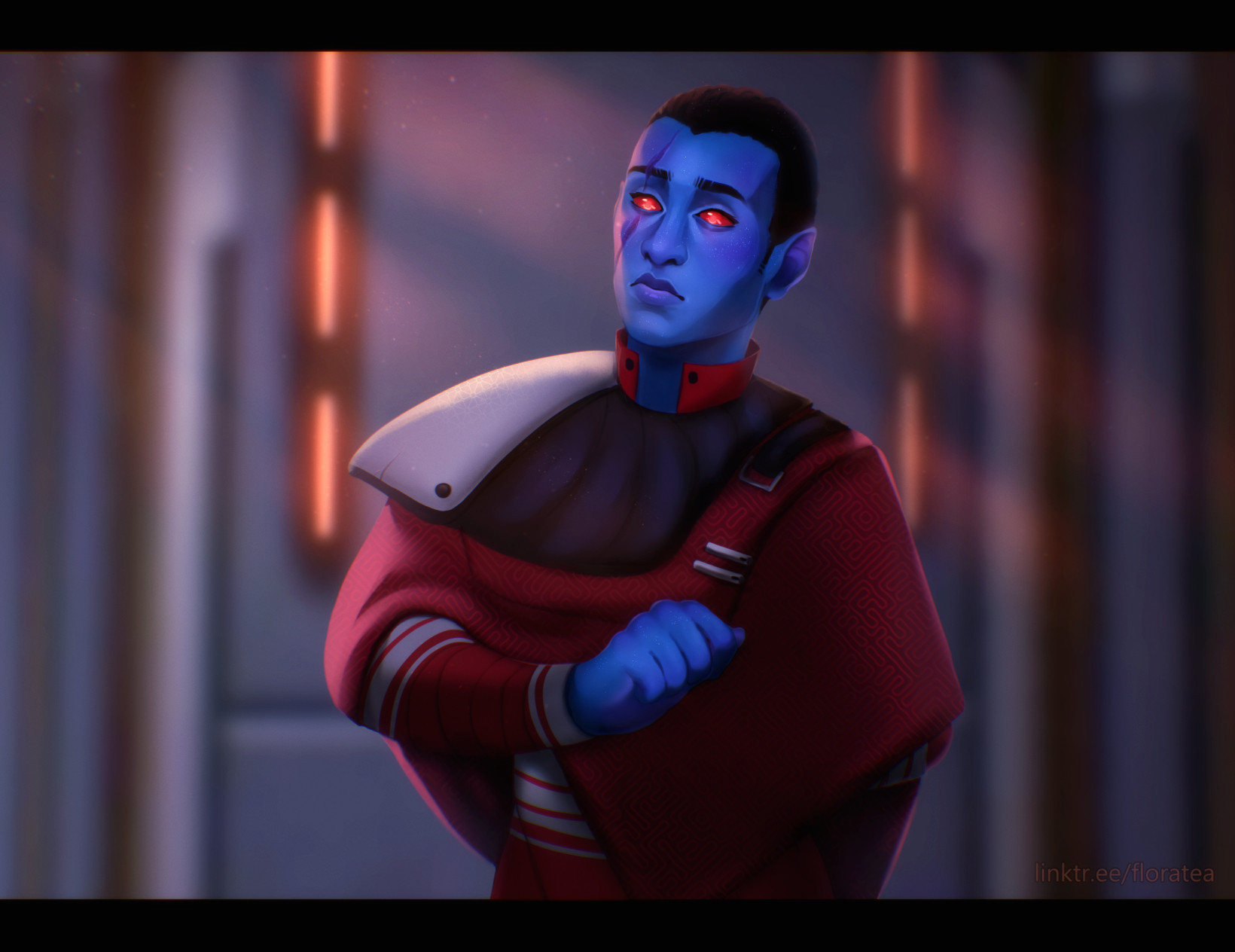 A drawing of a blue Chiss man wearing a dark red poncho with broad shoulder armor covering the left shoulder. He is standing with his left arm in front of him and his right arm behind his back. He has glowing red eyes and a claw mark scar going on the side of his face. He is standing in front of a blurred background of a corridor with rows of lights.




--
extra keywords: character , illustration , fantasy , scifi , starwarsoc