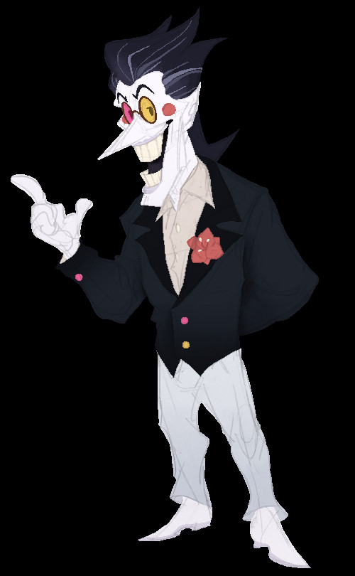 A colored concept sketch of Spamtino. Spamton here is slightly more human in proportion, but still of short stature. He sports an off-white dart collar, a dark teal suit jacket with a red amaryllis in the lapel, white pants, and white shoes. He looks ready to make a deal.