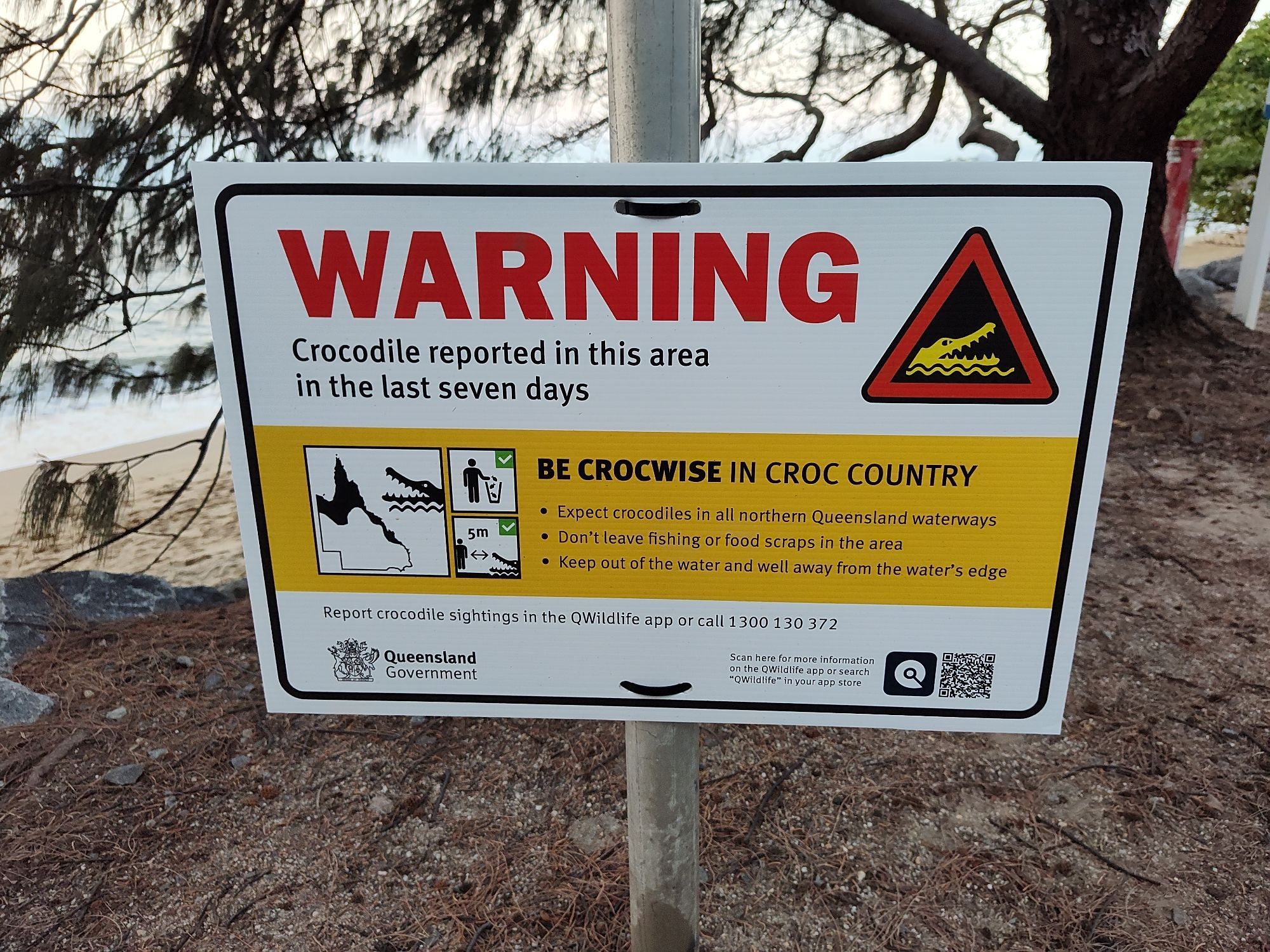 A sign on a beach saying "warning crocodile reported in this area in the last seven days" and other warnings about FNQ crocodiles.