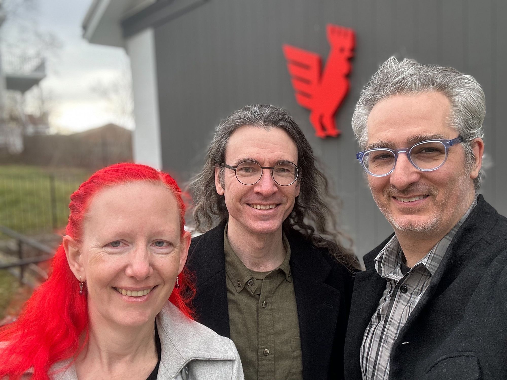 Lenore Edman, Windell Oskay, and Bre Pettis in front of Bantam Tools in Peekskill NY