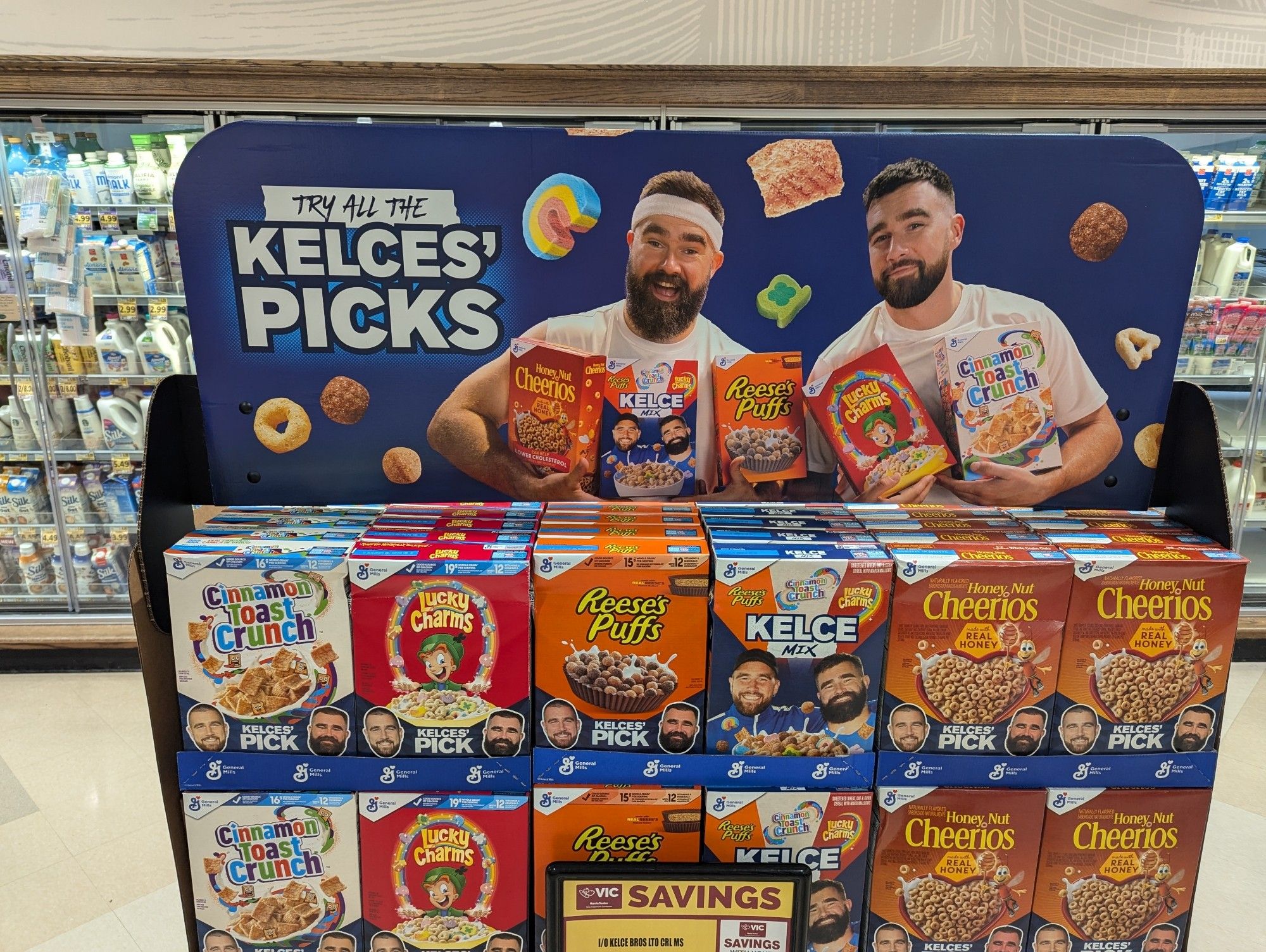 "Try all the Kelces' picks" cereal display at the supermarket, including a special "Kelce mix"