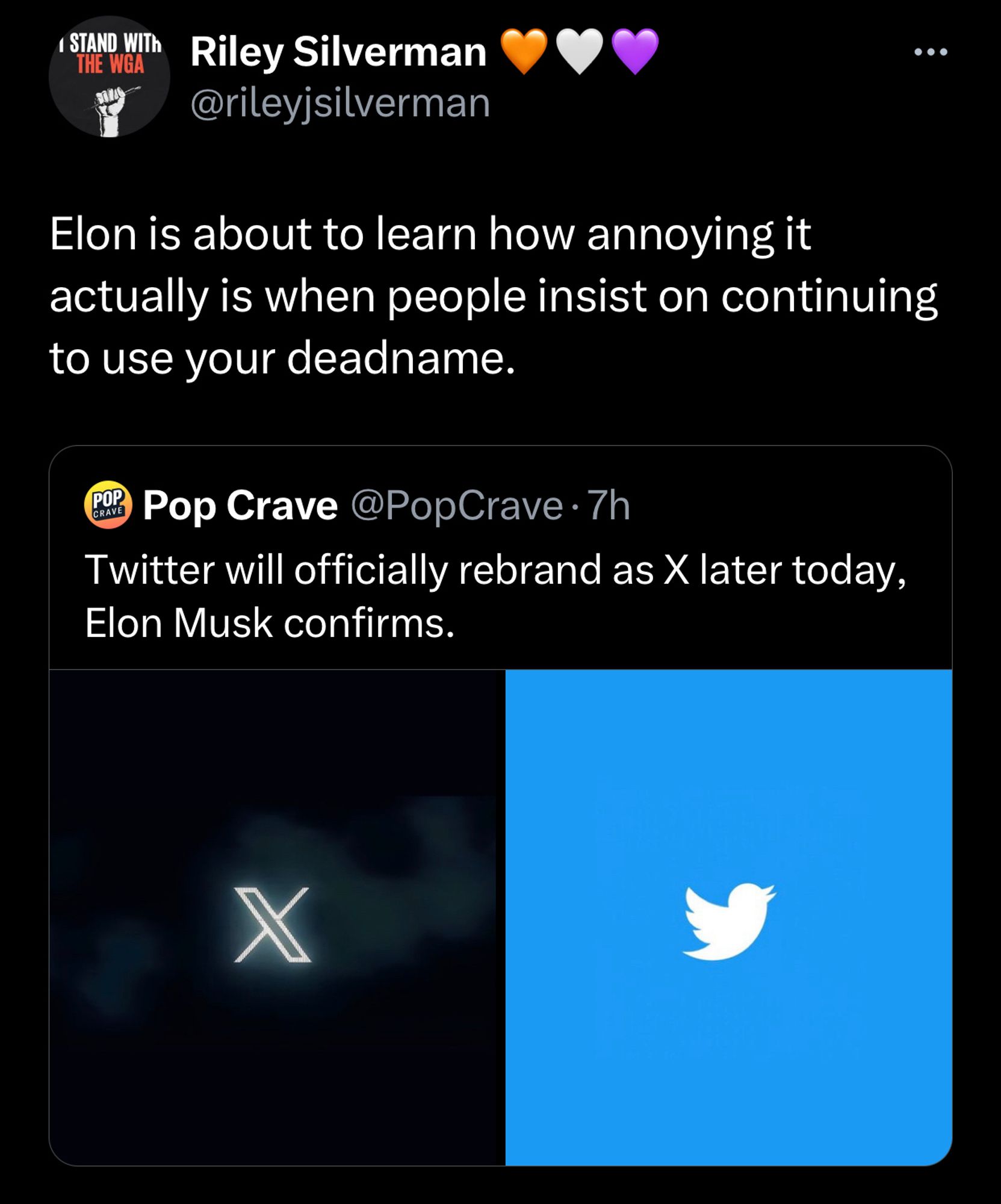 Elon is about to learn how annoying it actually is when people insist on continuing to use your deadname.
QB Pop Crave @PopCrave • 7h
Twitter will officially rebrand as X later today,
Elon Musk confirms.