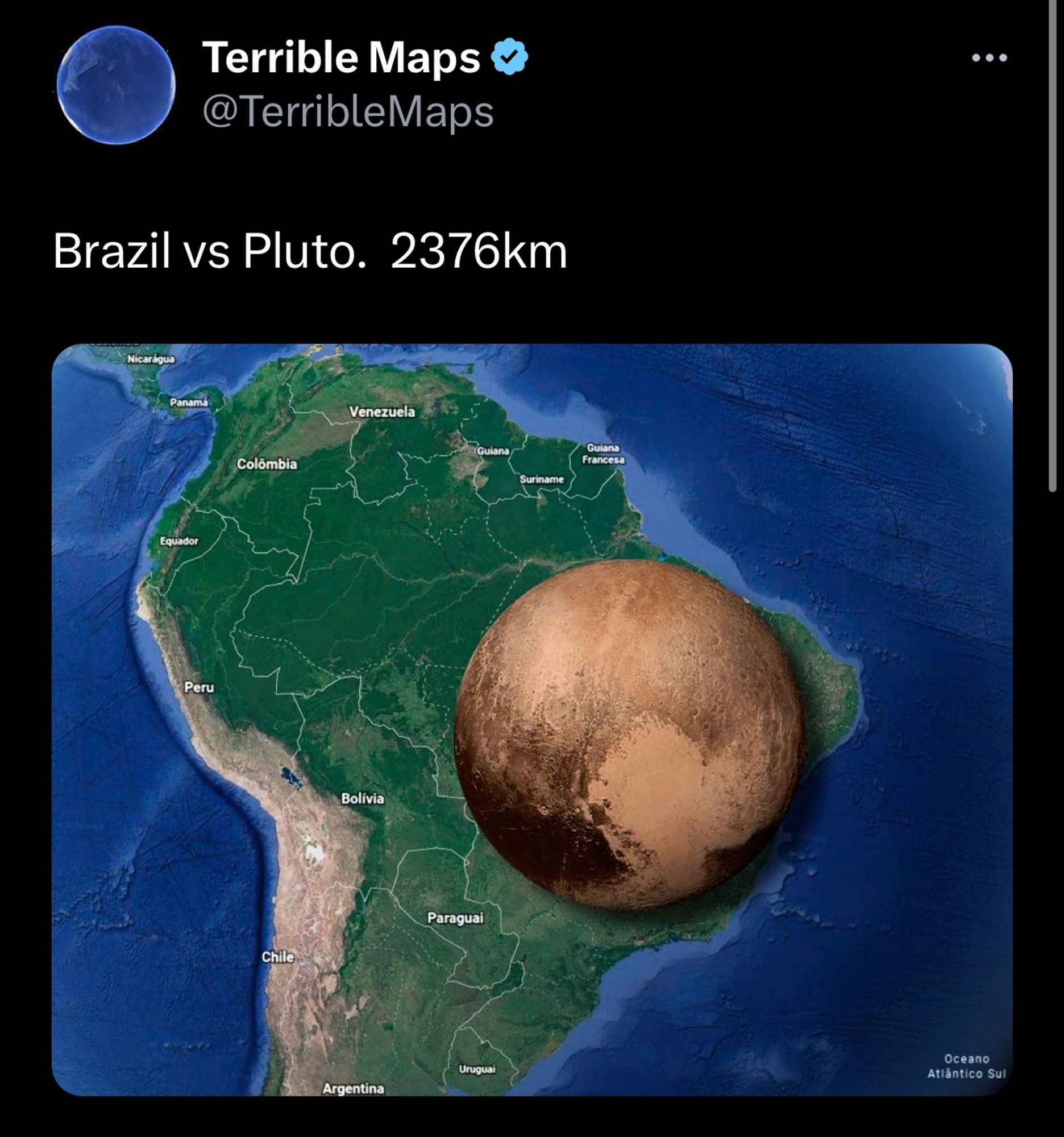 A comparison of the size of Pluto vs the size of Brazil. Caption reads Brazil vs Pluto