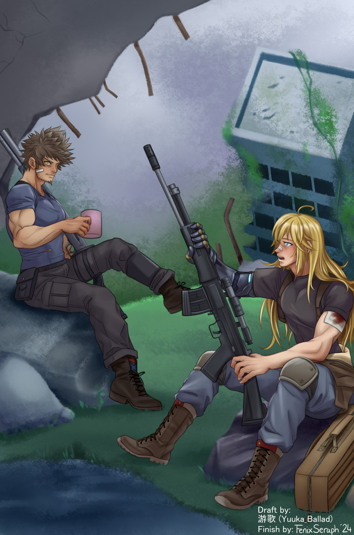 Shulk and Rex resting in a post-apocalyptic environment next to the ruins of a former city that has since been grown over with greenery. The sky is gray and overcast, and they are sitting on rocks next to a calm pool. Shulk is lightly injured and recalibrating his gun with his metal hand, while Rex is holding a mug of coffee with a shotgun to his side.