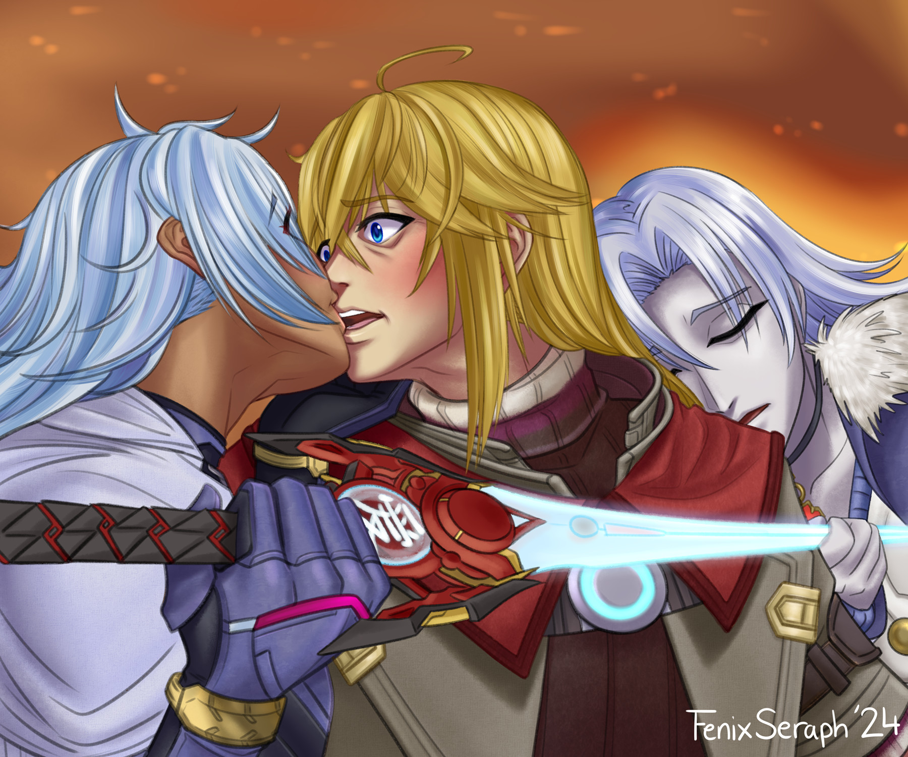 Recreation of a famous photo of Anne Hathaway, where Shulk is surrounded by a seductive A and Alpha on each side of him. A is about to kiss him with the Monado activated next to him, while Alpha is holding the blade and leaning into Shulk's shoulder.