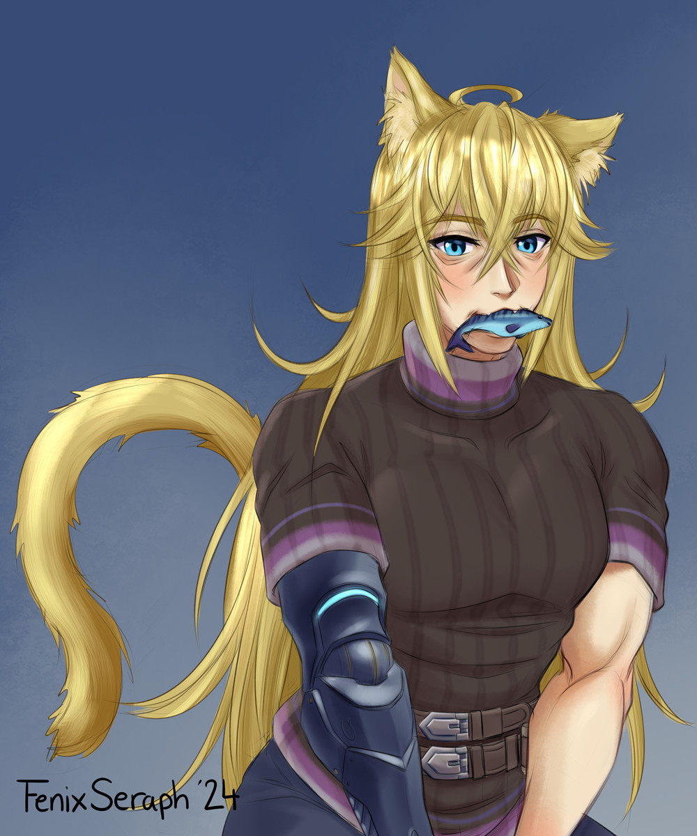 Old man Shulk as a catboy, with a fluffy golden furry tail and furry cat ears. He is kneeling with his hands in front of him and is holding a small fish in his mouth.