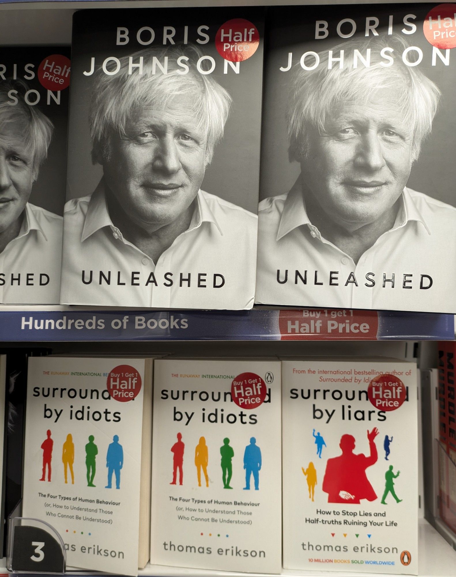 Boris Johnson's autobiography "unleashed" on book shop shelves next to Thomas Erikson's "Surrounded by idiots" and "Surrounded by Liars"