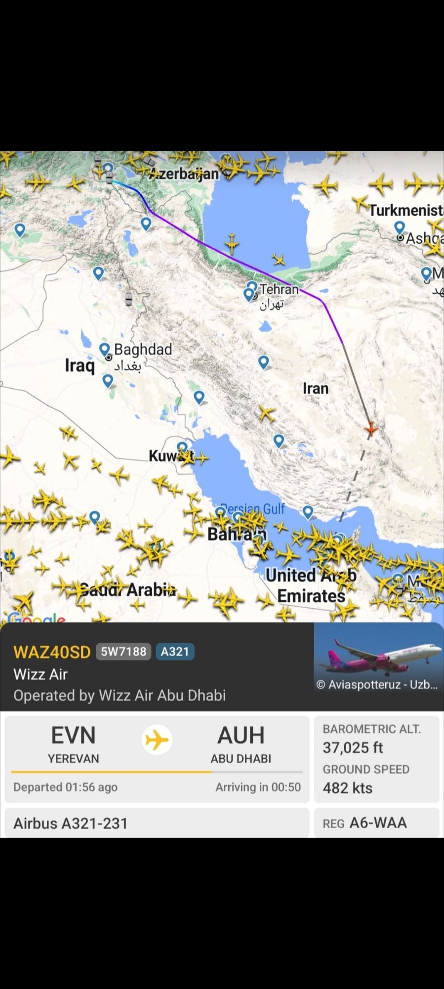 Flight radar screenshot showing Wizz Air flight from Yerevan to Abu Dhabi over Iranian airspace