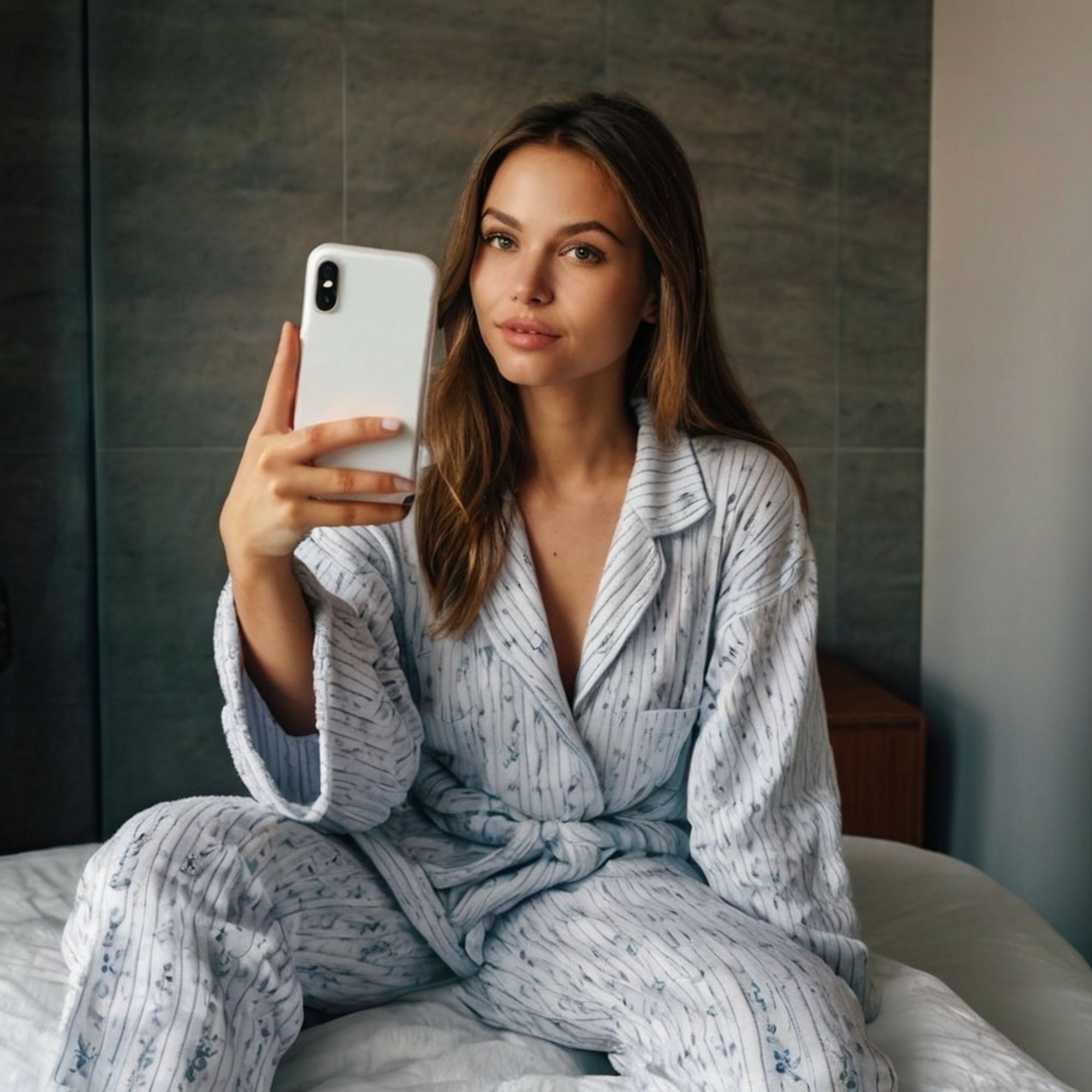 Prompt : très jolie jeune femme en pyjama dans une salle de bain devant un miroir. tenant dans sa main un smartphone mode selfie