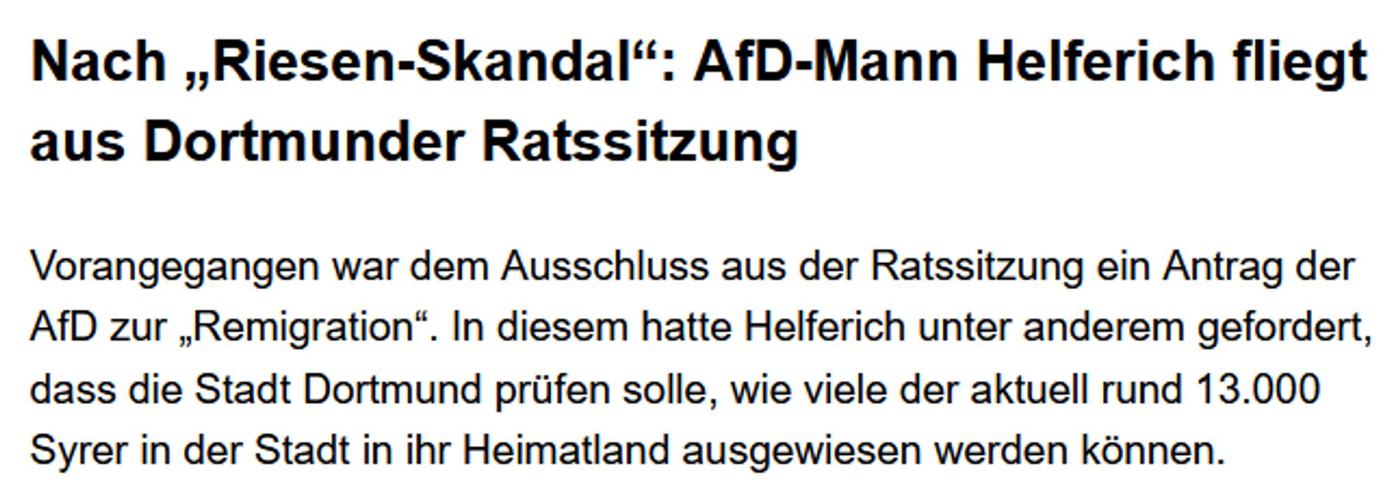 Nach „Riesen-Skandal“: AfD-Mann Helferich fliegt aus Dortmunder Ratssitzung

Vorangegangen war dem Ausschluss aus der Ratssitzung ein Antrag der AfD zur „Remigration“. In diesem hatte Helferich unter anderem gefordert, dass die Stadt Dortmund prüfen solle, wie viele der aktuell rund 13.000 Syrer in der Stadt in ihr Heimatland ausgewiesen werden können.