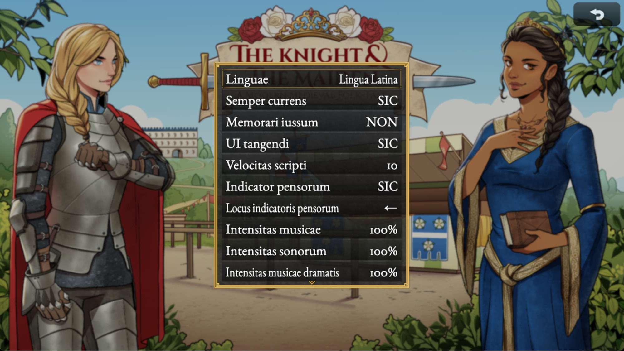 The Options menu from the game The Knight & the Maiden. It's a standard RPG Maker-style menu, but all the text is in (pretty bad) Latin.