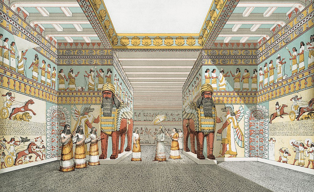 'Artist’s impression of a hall in an Assyrian palace' by Sir Austen Henry Layard. A very colourful drawing of a large hall with wall painting and two statues of lammasu (human-headed winged bulls). In the middle is a group of people, probably a king surrounded by his advisors and scribes.