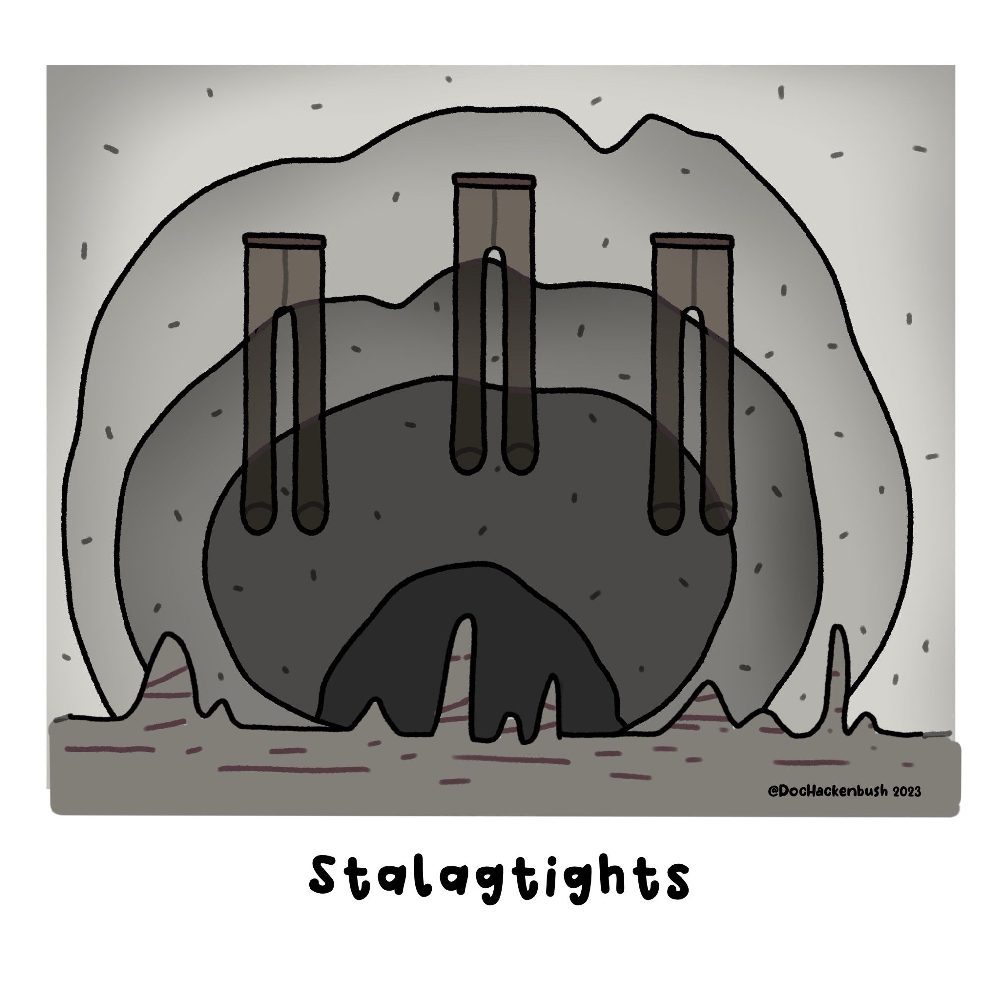 Cartoon: a cave with three pairs of pantyhose hanging from the ceiling. Caption: stalag tights.