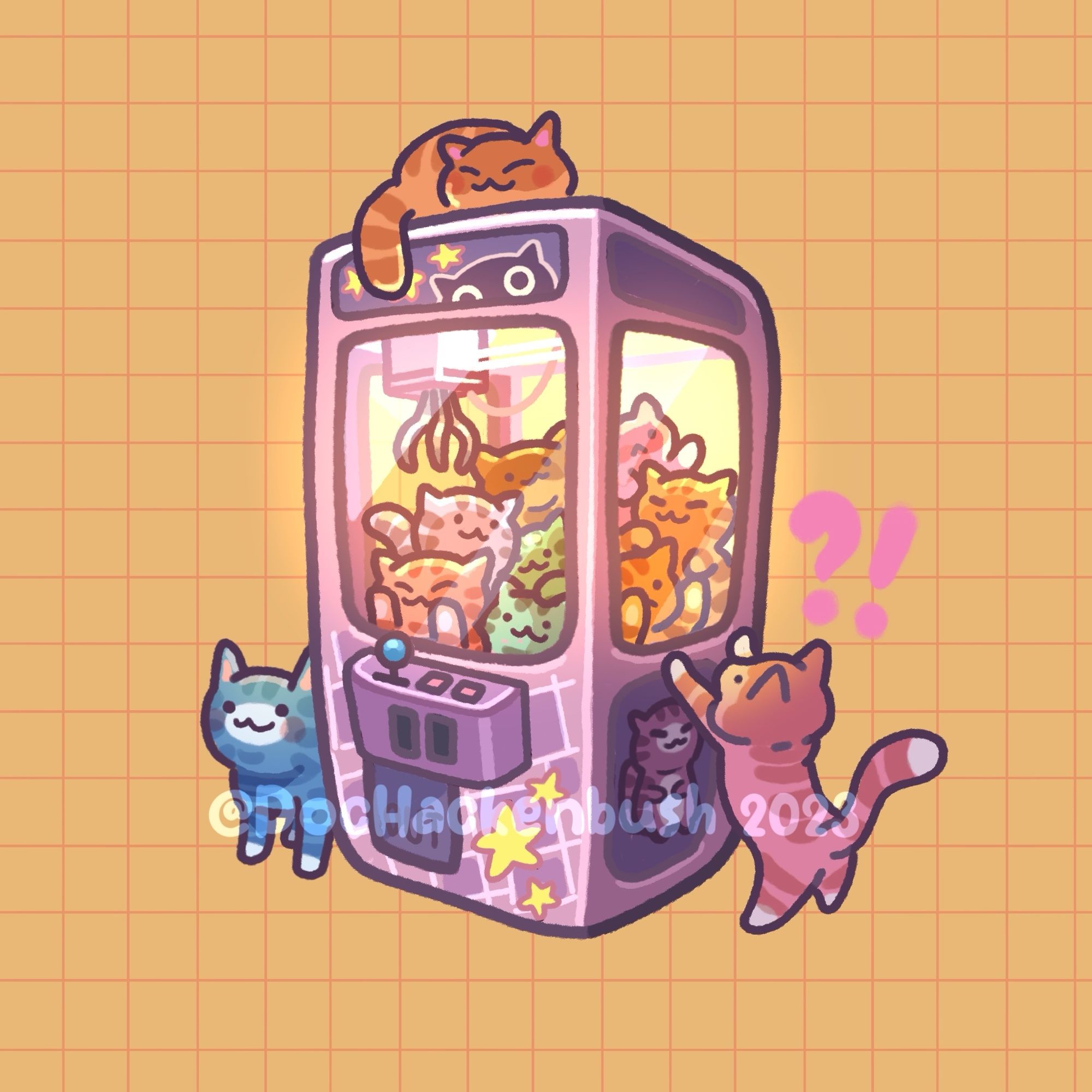 Illustration of a fairground crane machine full of cats. Outside it are several cats trying to figure out how to get in.