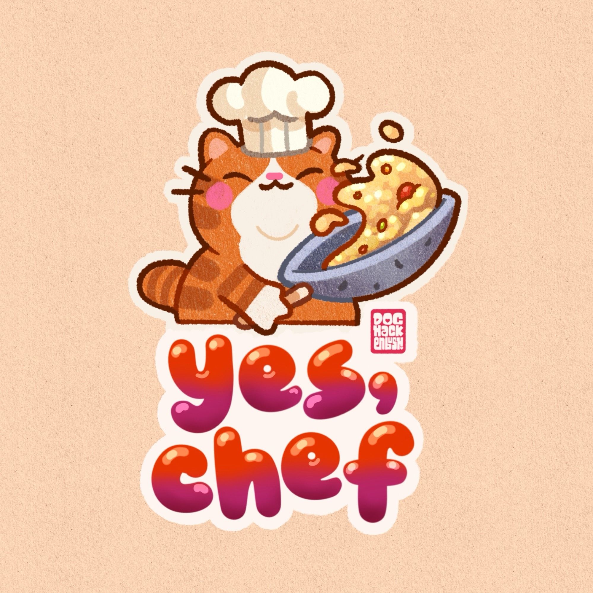 Illustration of a ginger cat in a chefs hat tossing ingredients in a large wok. Text reads ‘yes, chef’