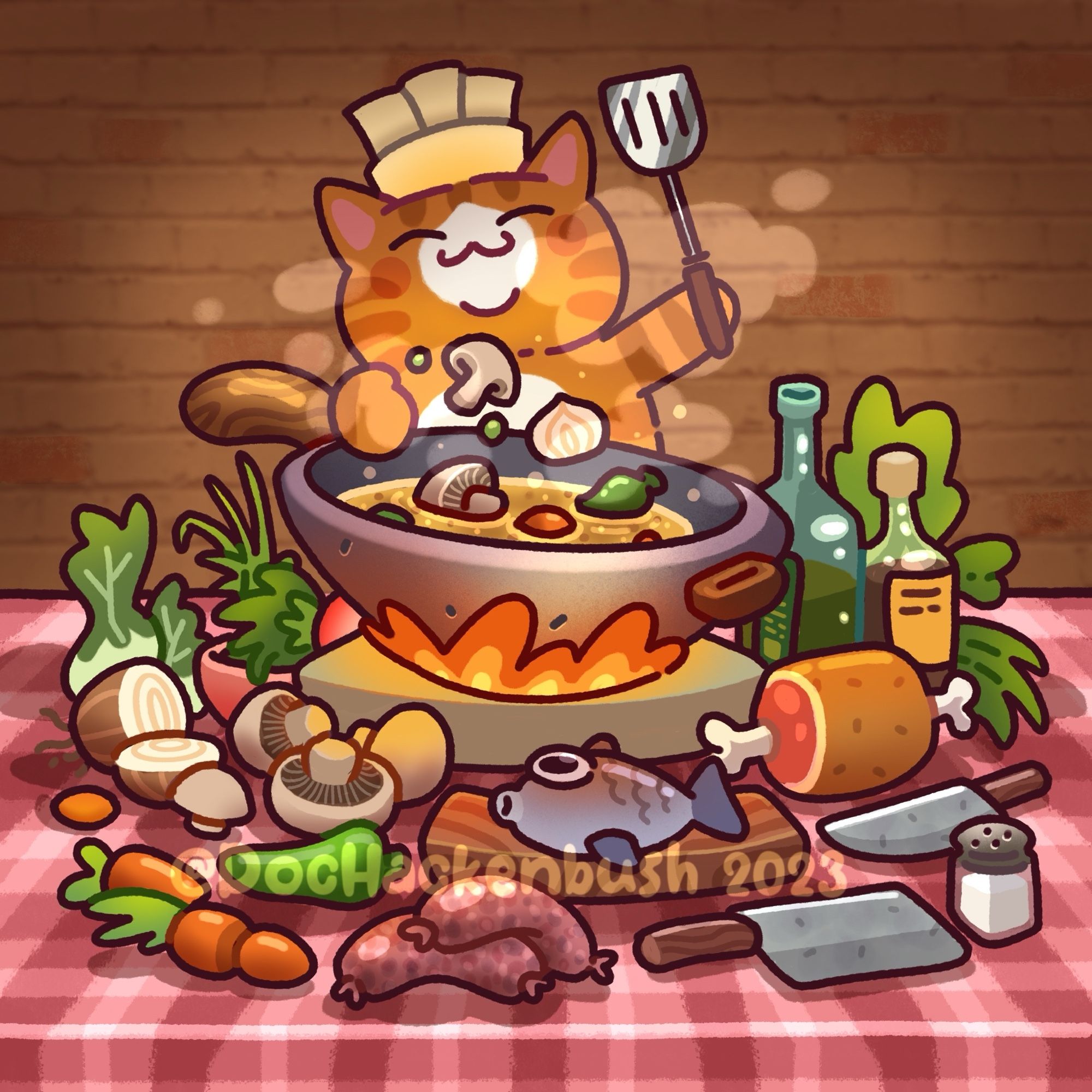 Illustration of a kitty chef preparing a meal in a large wok surrounded by many ingredients and utensils