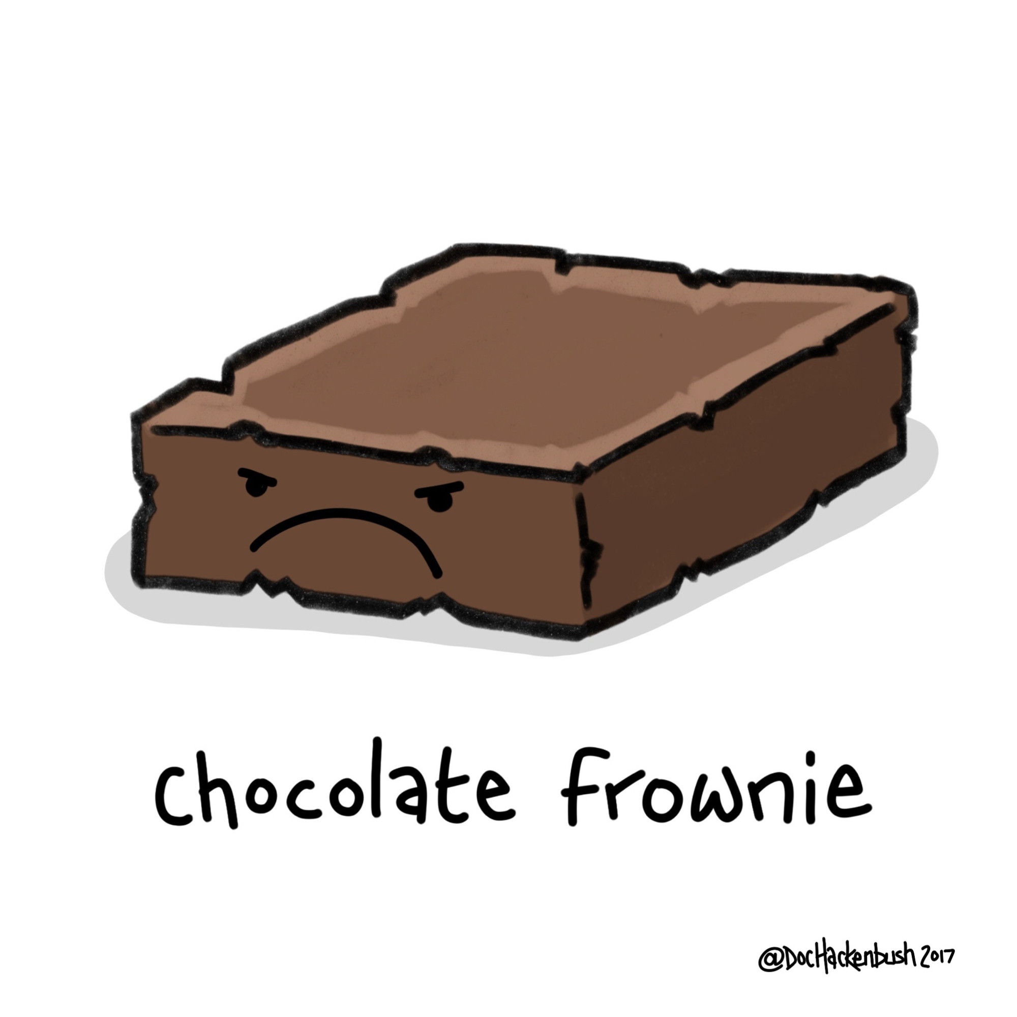 Cartoon of a chocolate brownie with an angry face. Caption: Chocolate Frownie